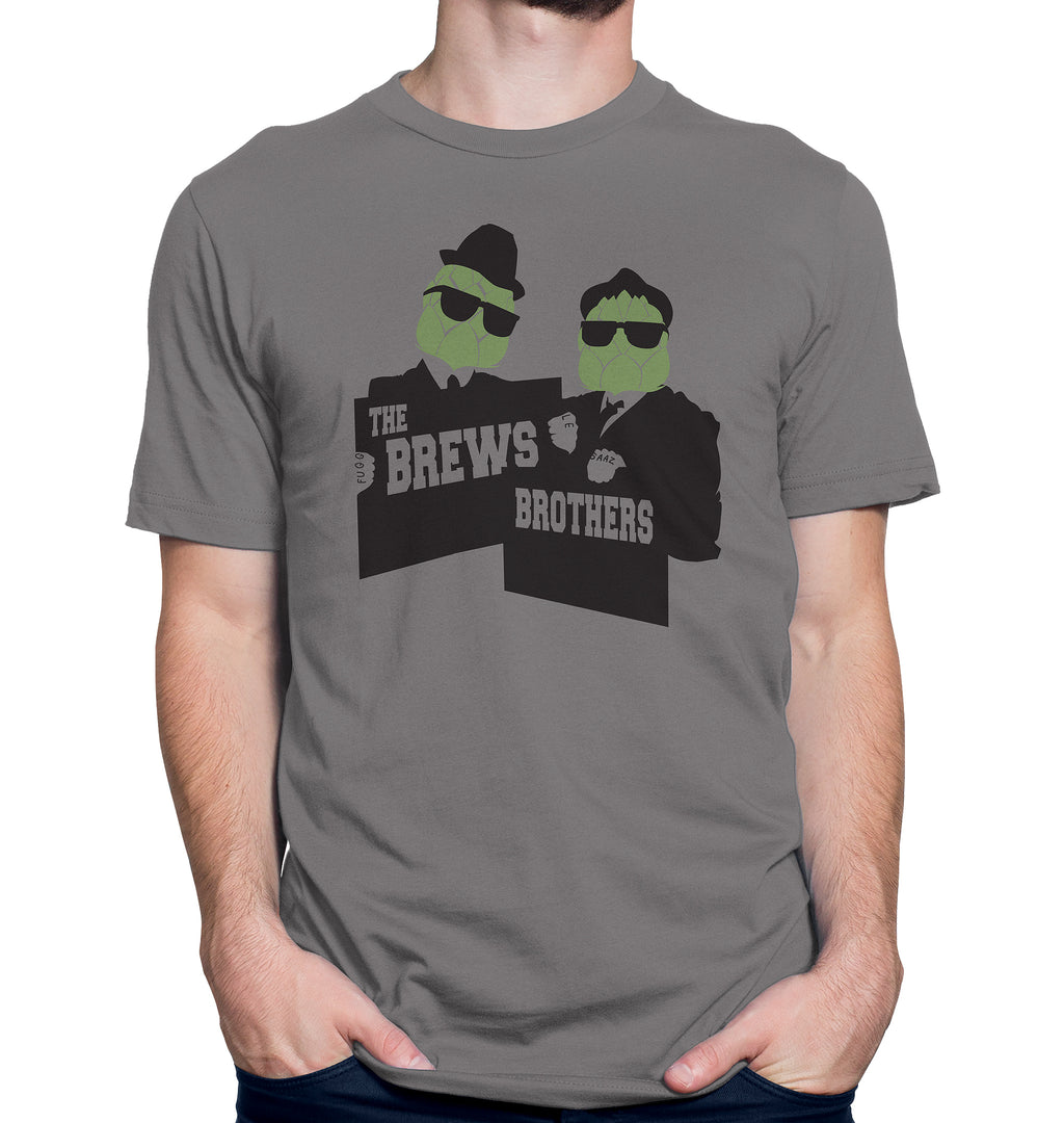 Medium gray t-shirt with two hop-heads in suits and fedoras holding The Brews Brothers banners