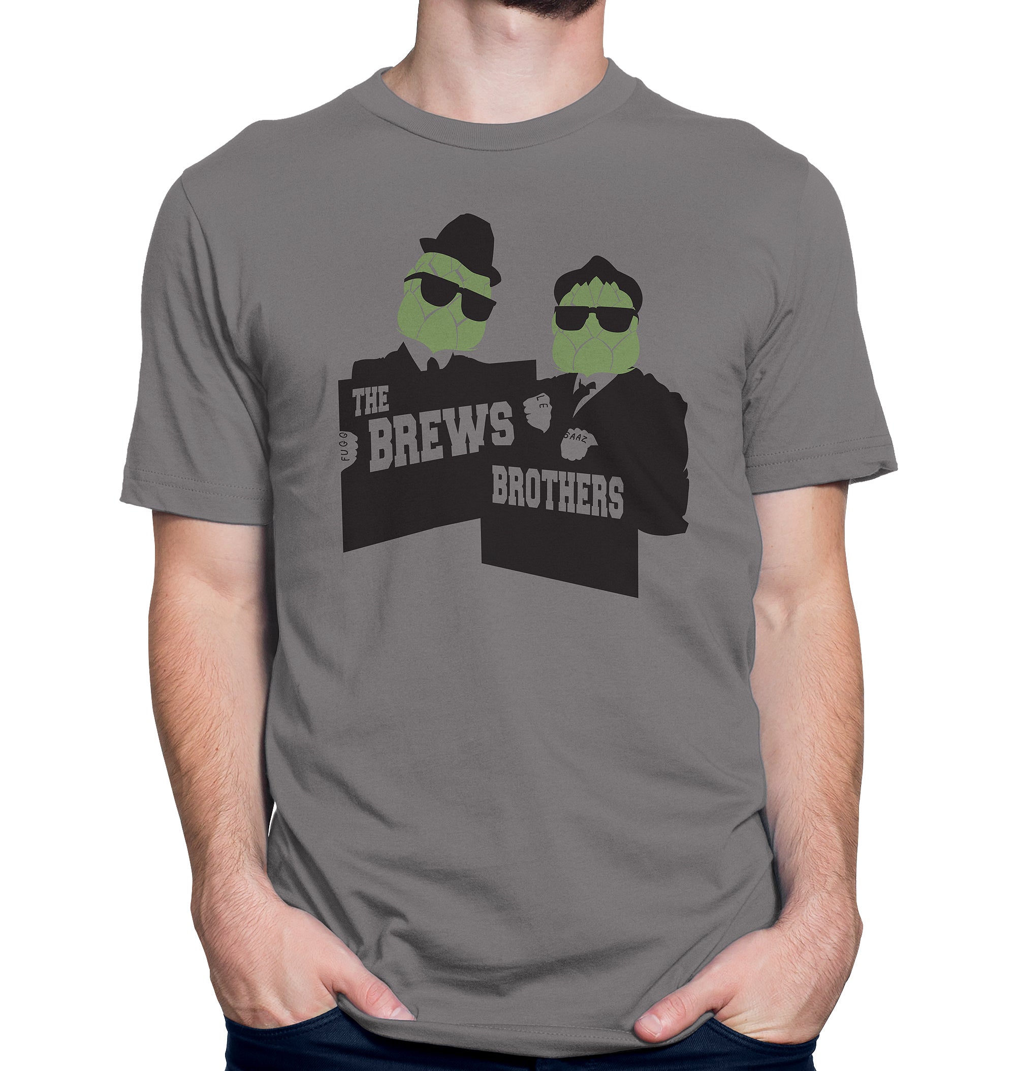 Medium gray t-shirt with two hop-heads in suits and fedoras holding The Brews Brothers banners