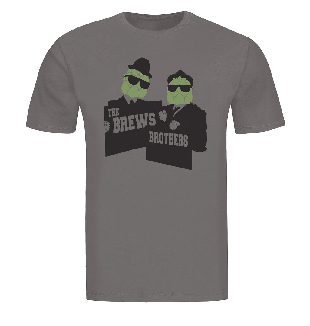 Hop cones wearing sunglasses and hats on The Brews Brothers beer t-shirt