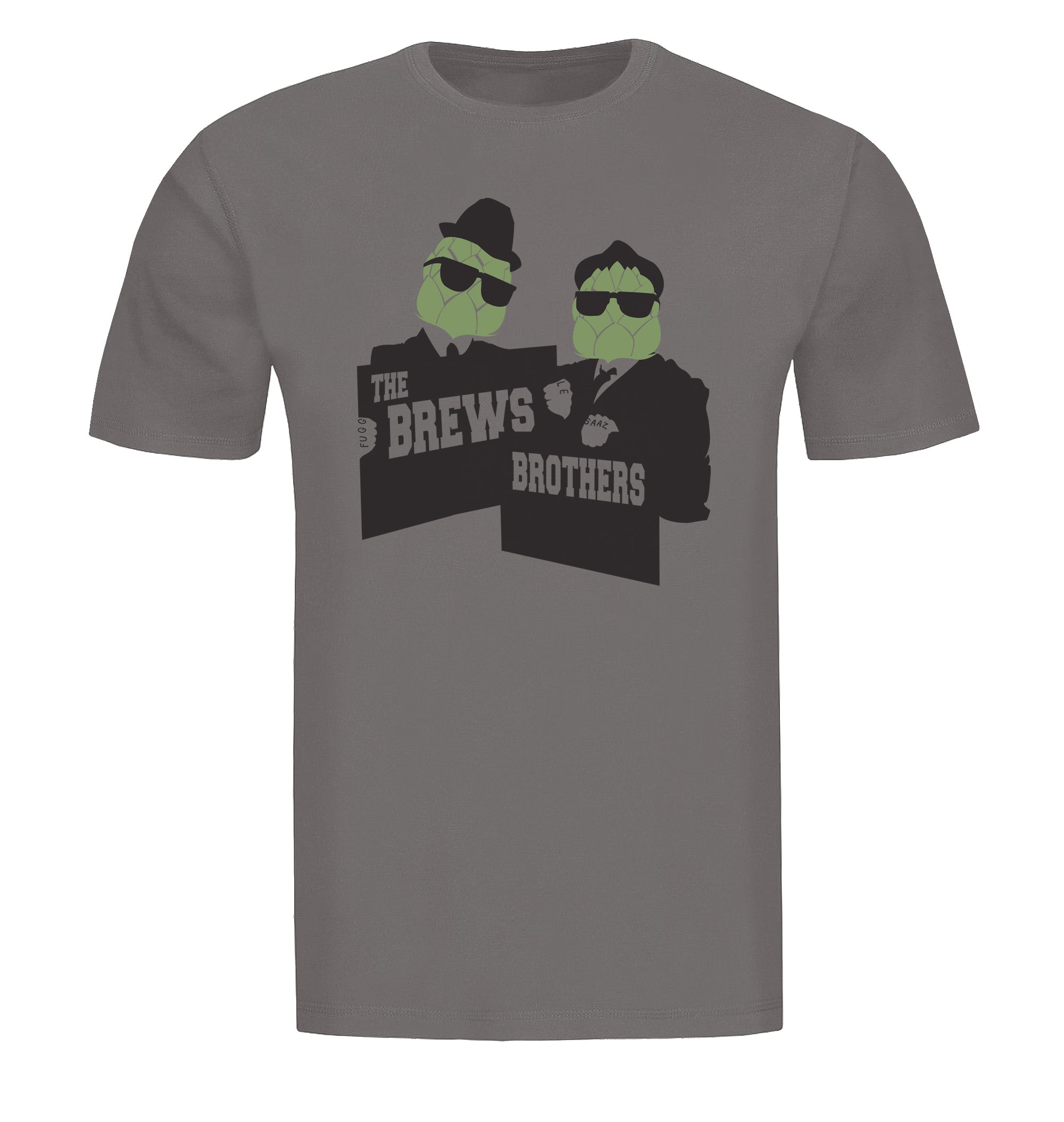 Hop cones wearing sunglasses and hats on The Brews Brothers beer t-shirt