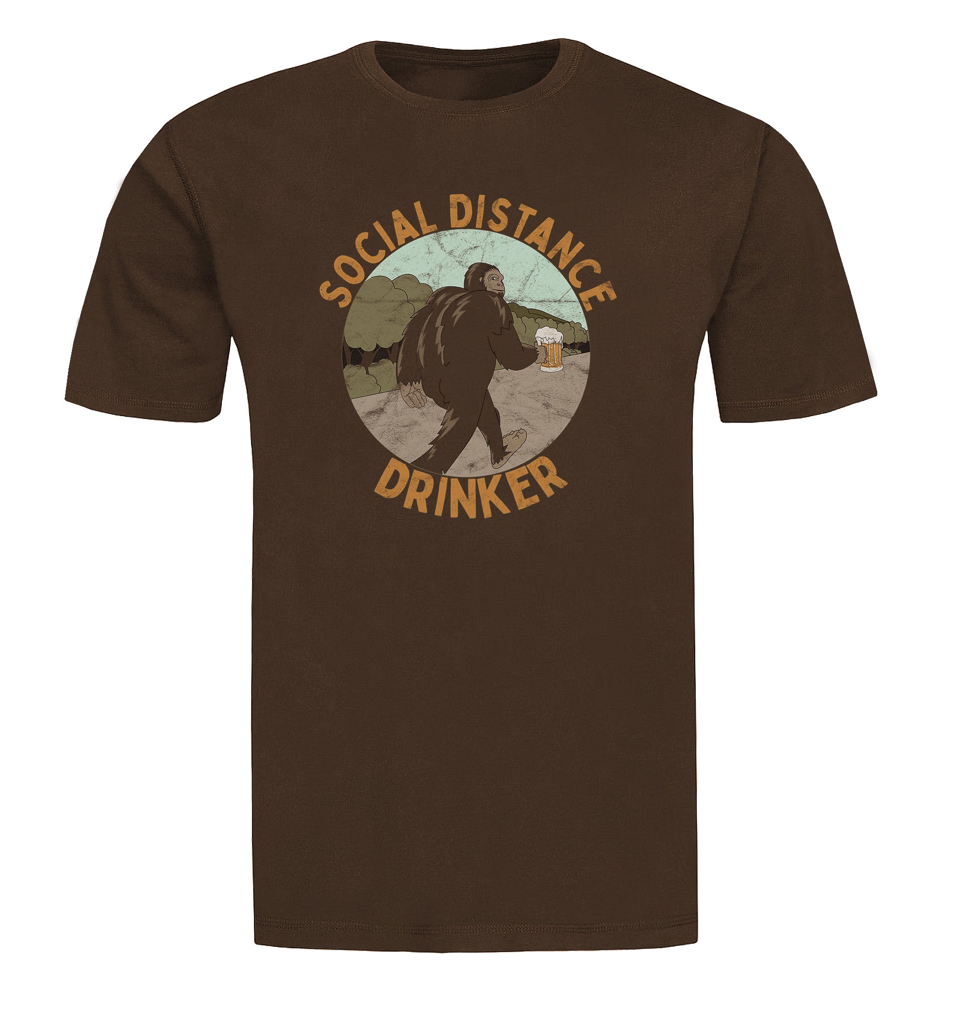 Vintage circle graphic of Sasquatch walking with frothy beer in hand