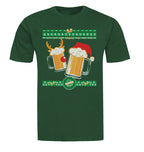 Beer mug with reindeer antlers and red-foam nose next to Santa-hat beer mug on green tee