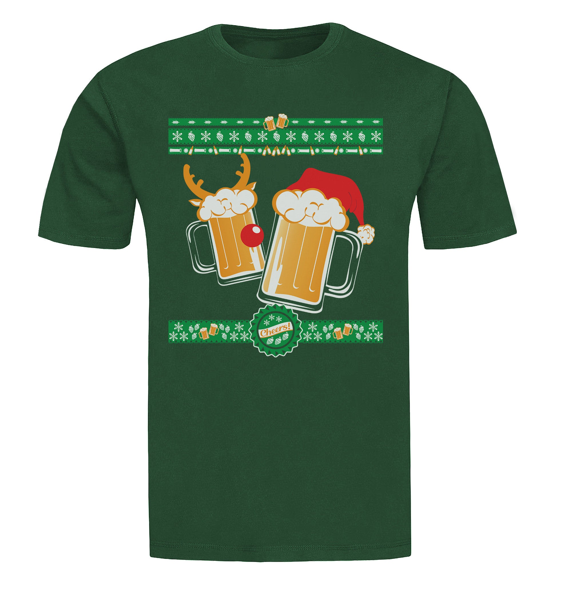 Beer mug with reindeer antlers and red-foam nose next to Santa-hat beer mug on green tee