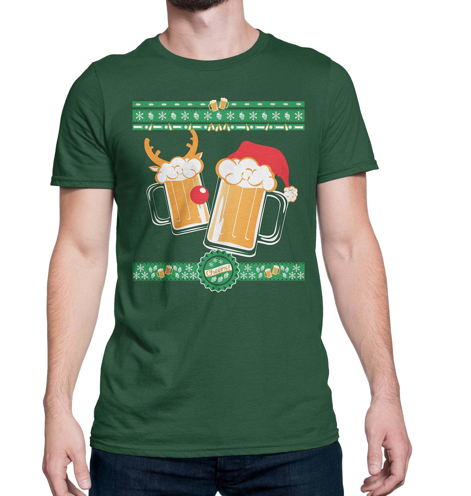 Green t-shirt with two beer mugs dressed as Rudolph and Santa in ugly sweater style