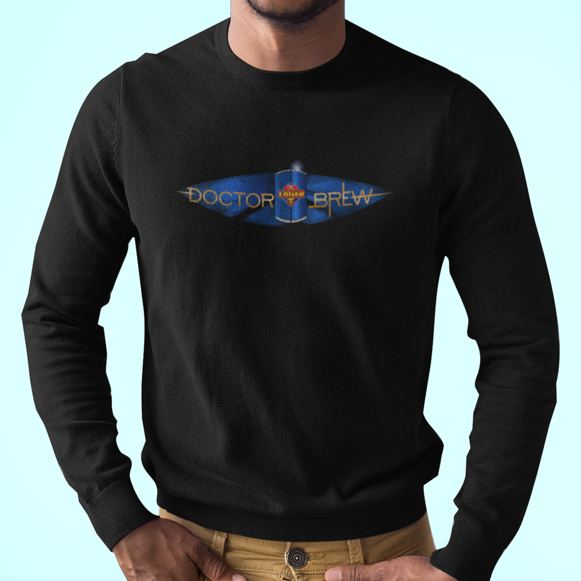 Doctor Brew longsleeve beer shirt with blue TARDIS-style can design