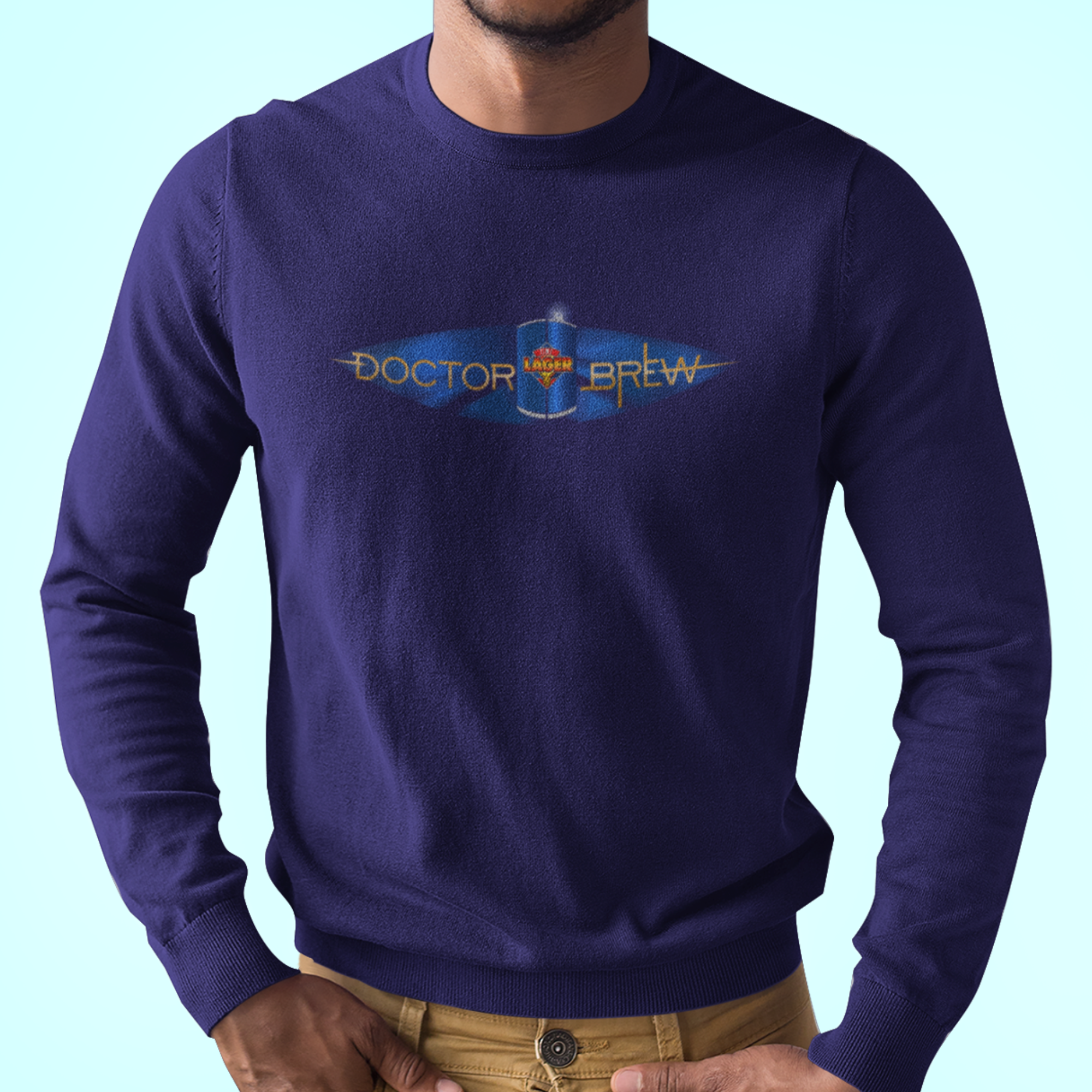 Navy long sleeve shirt parodying Doctor Who with craft beer twist