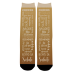 Brown craft beer socks with multiple translations of Cheers in light brown