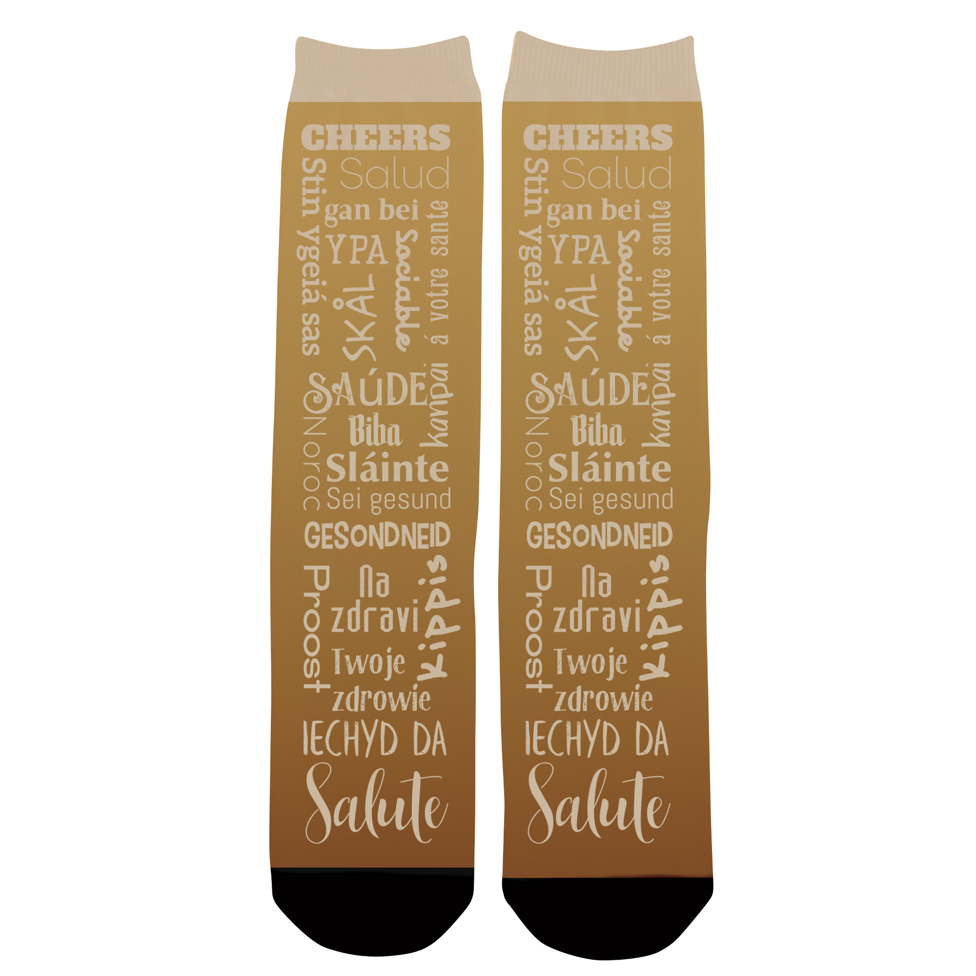 Brown craft beer socks with multiple translations of Cheers in light brown