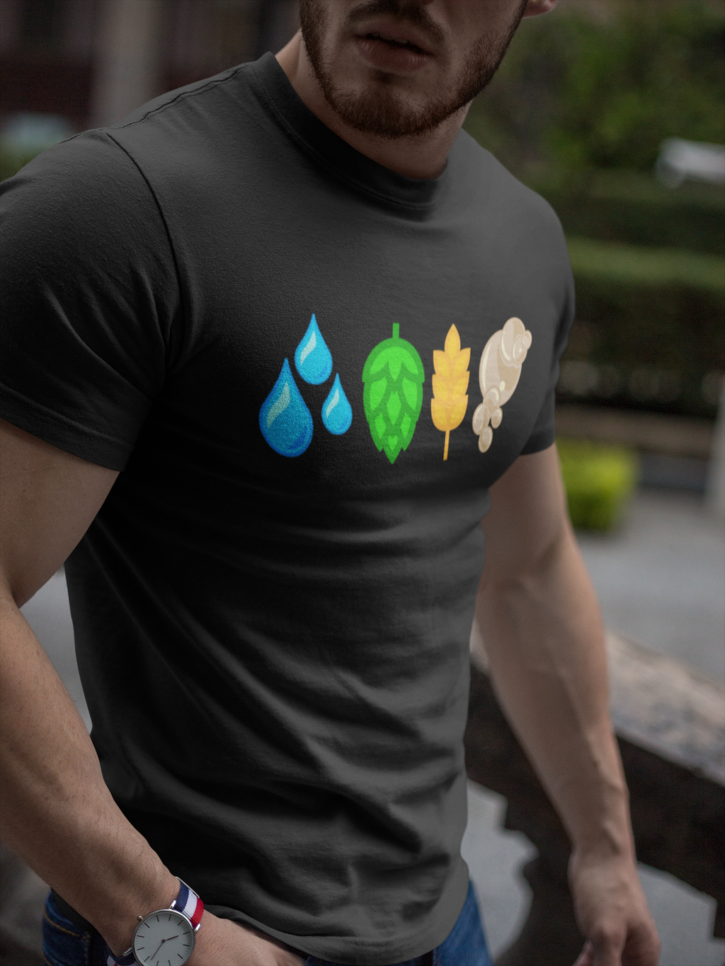 Bright blue water, green hop, gold barley, and brown yeast icons on dark fabric