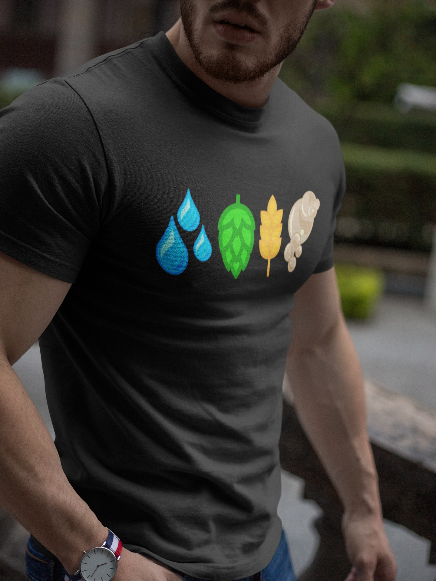 Bright blue water, green hop, gold barley, and brown yeast icons on dark fabric