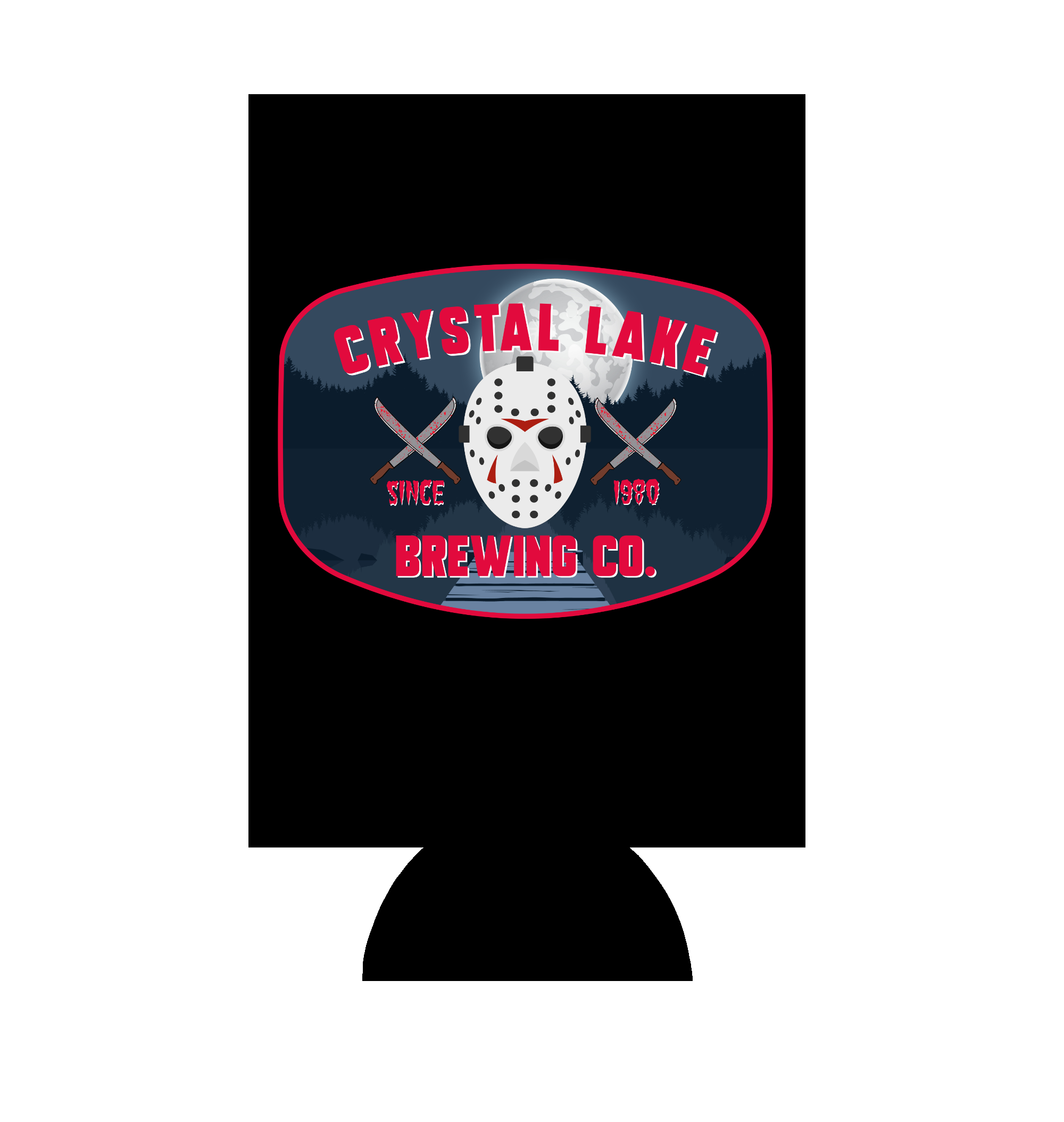 Crystal Lake Can Cooler with hockey mask and bloody knives design