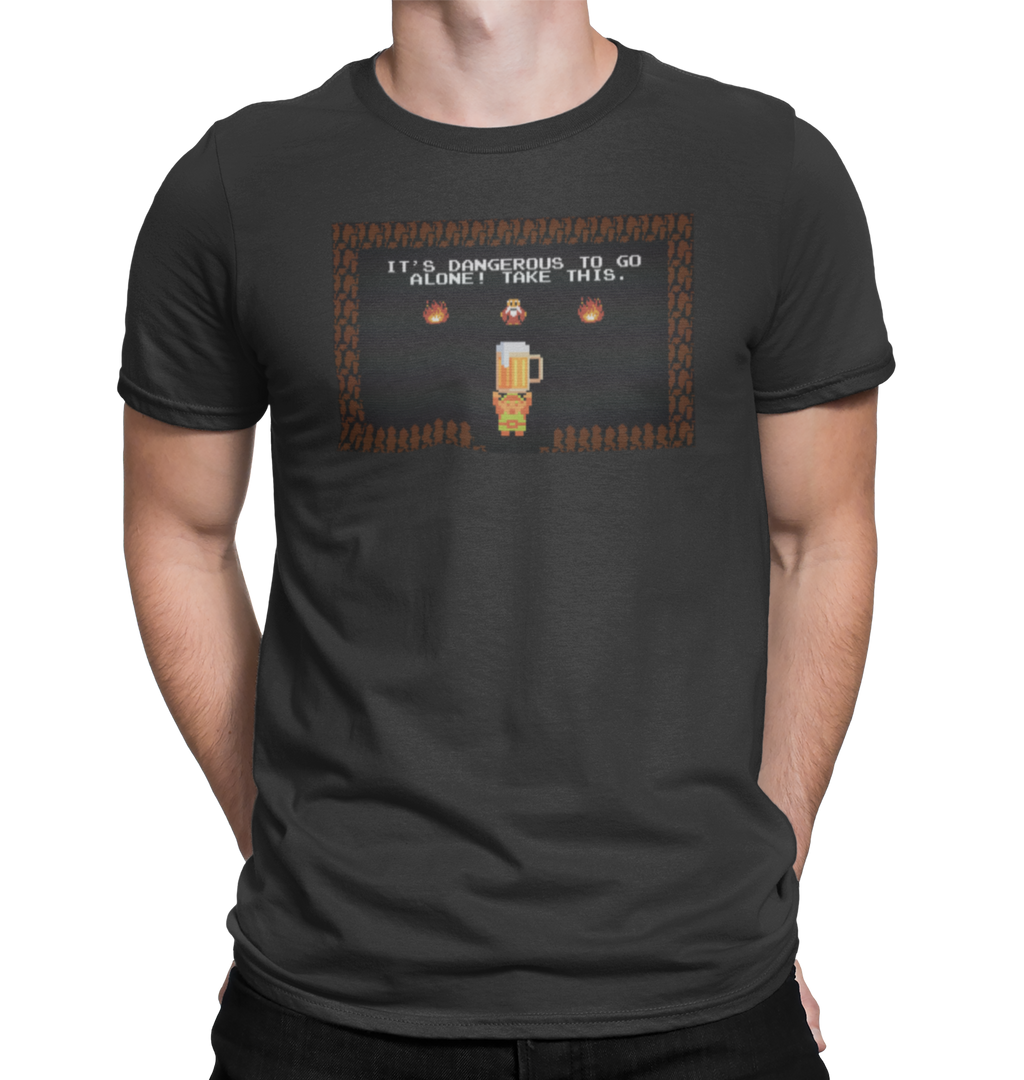 Black t-shirt with pixelated beer mug and dangerous to go alone text