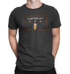 Black t-shirt with pixelated beer mug and dangerous to go alone text