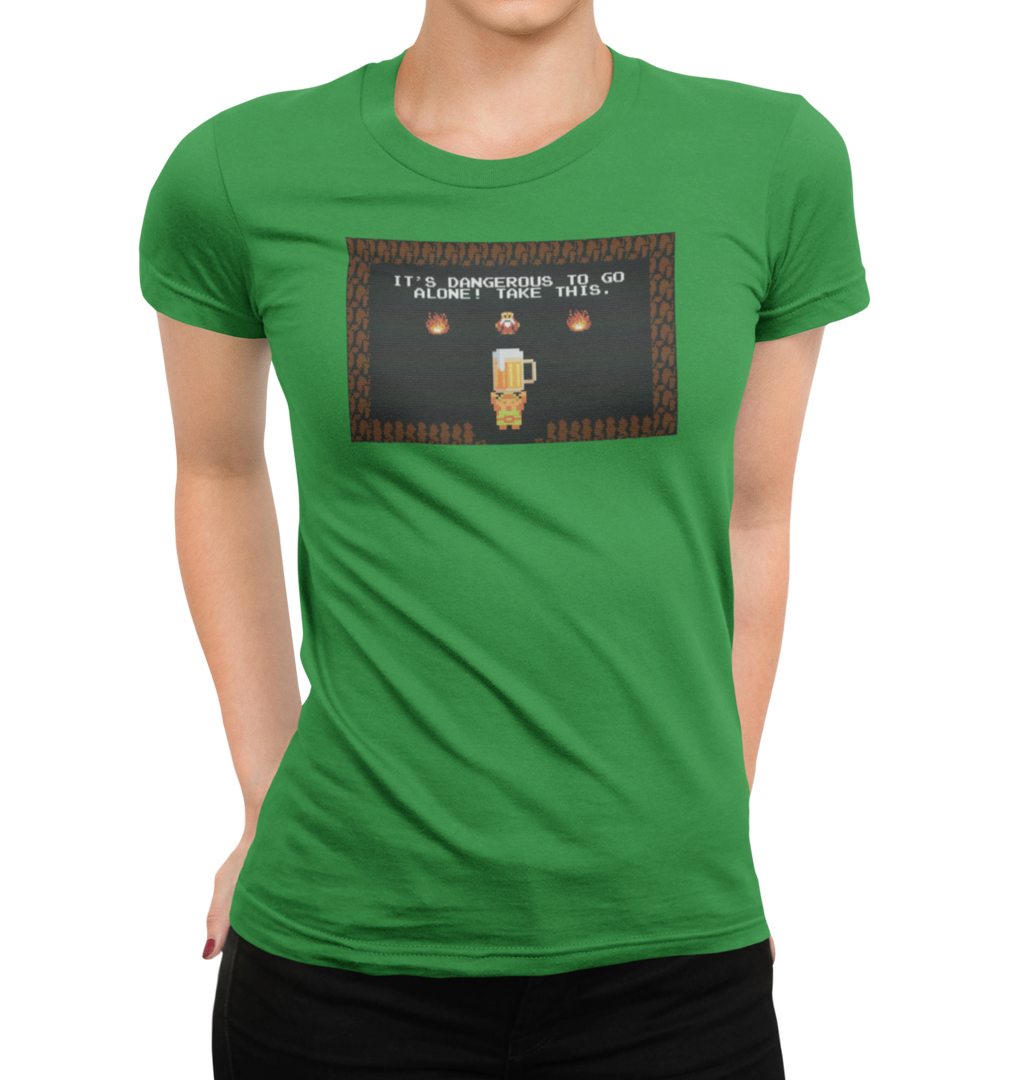 Arcade-style beer mug graphic on women's green shirt