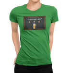 Arcade-style beer mug graphic on women's green shirt