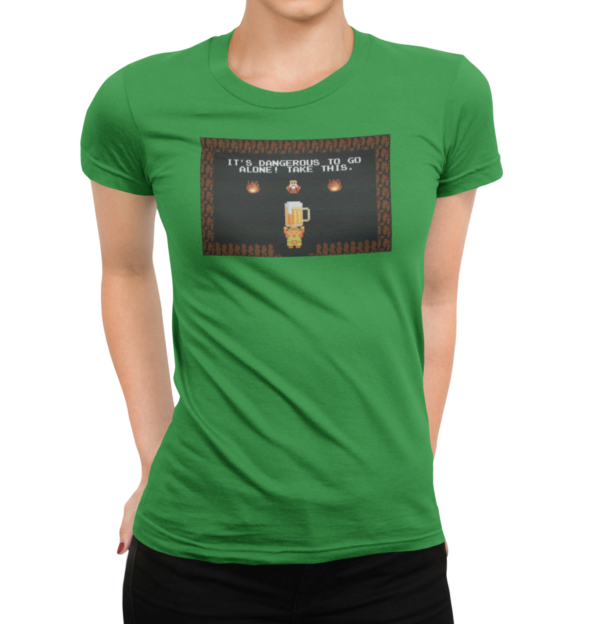 Arcade-style beer mug graphic on women's green shirt