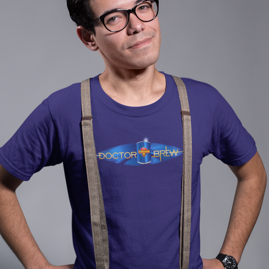 Navy t-shirt featuring Doctor Brew parody design