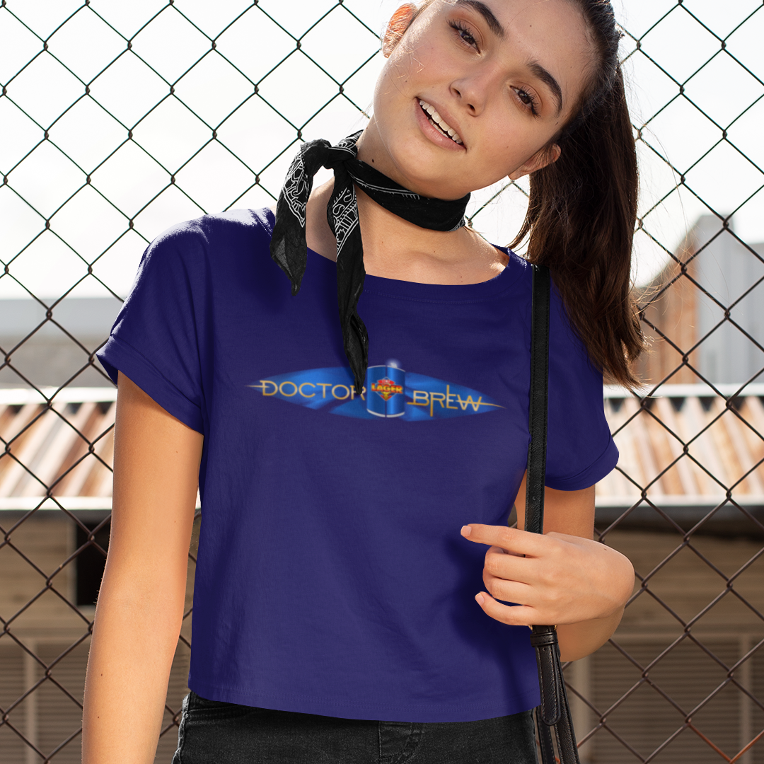 Doctor Brew beer shirt with gold and blue sci-fi inspired artwork