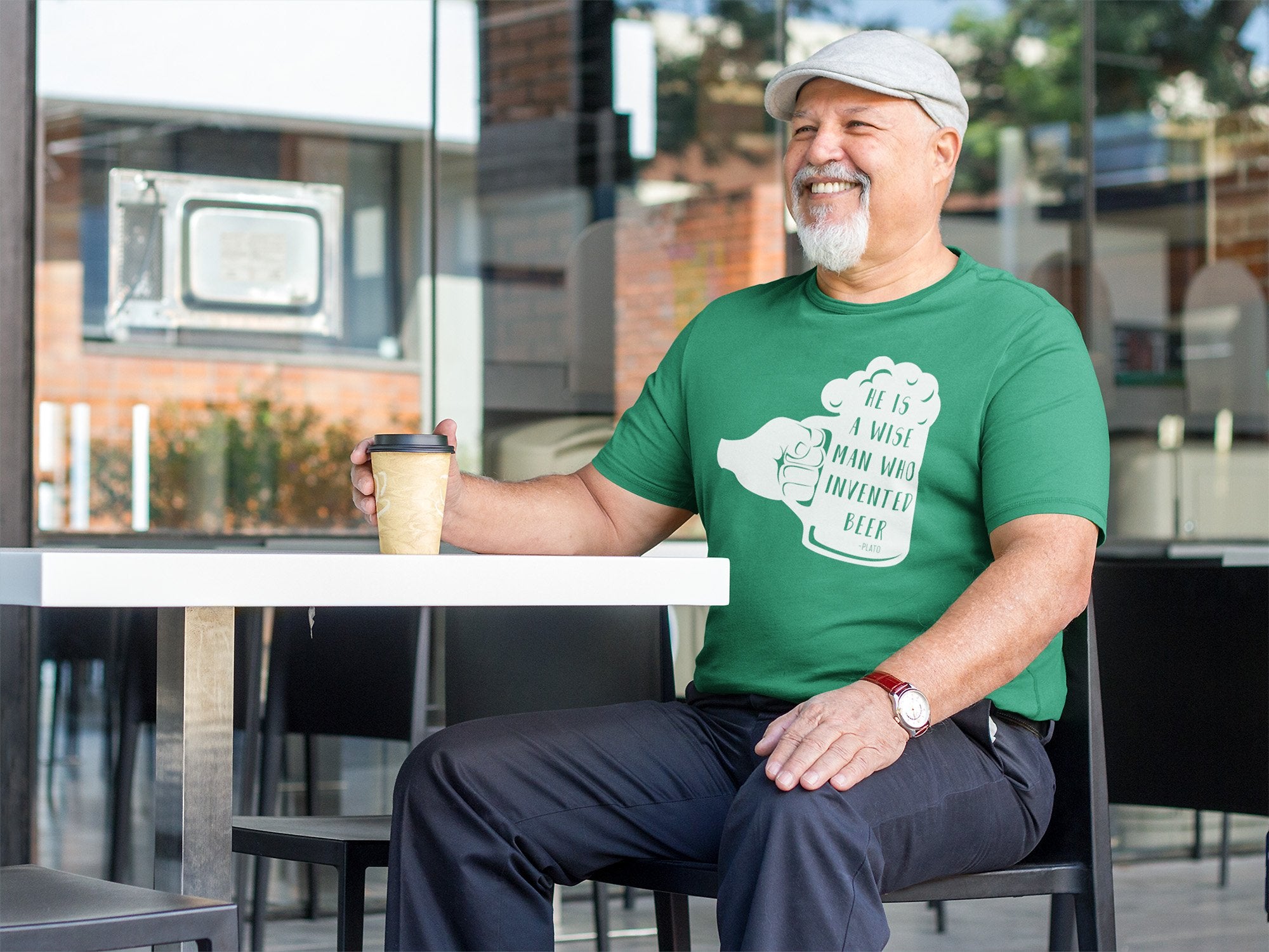 Forest green ringspun cotton shirt with white beer philosophy print