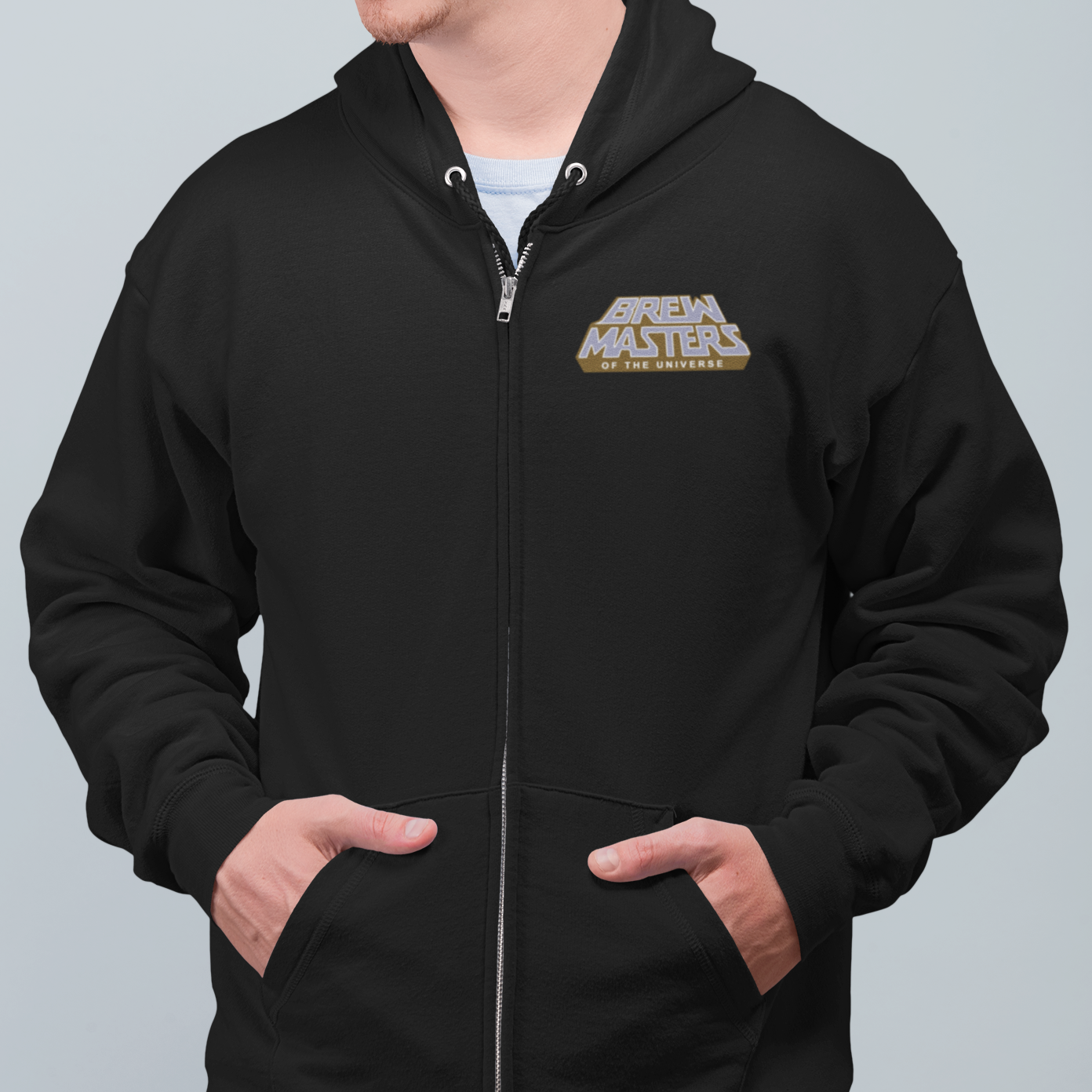 80s-inspired homebrewing hoodie featuring BrewMasters of the Universe text on front