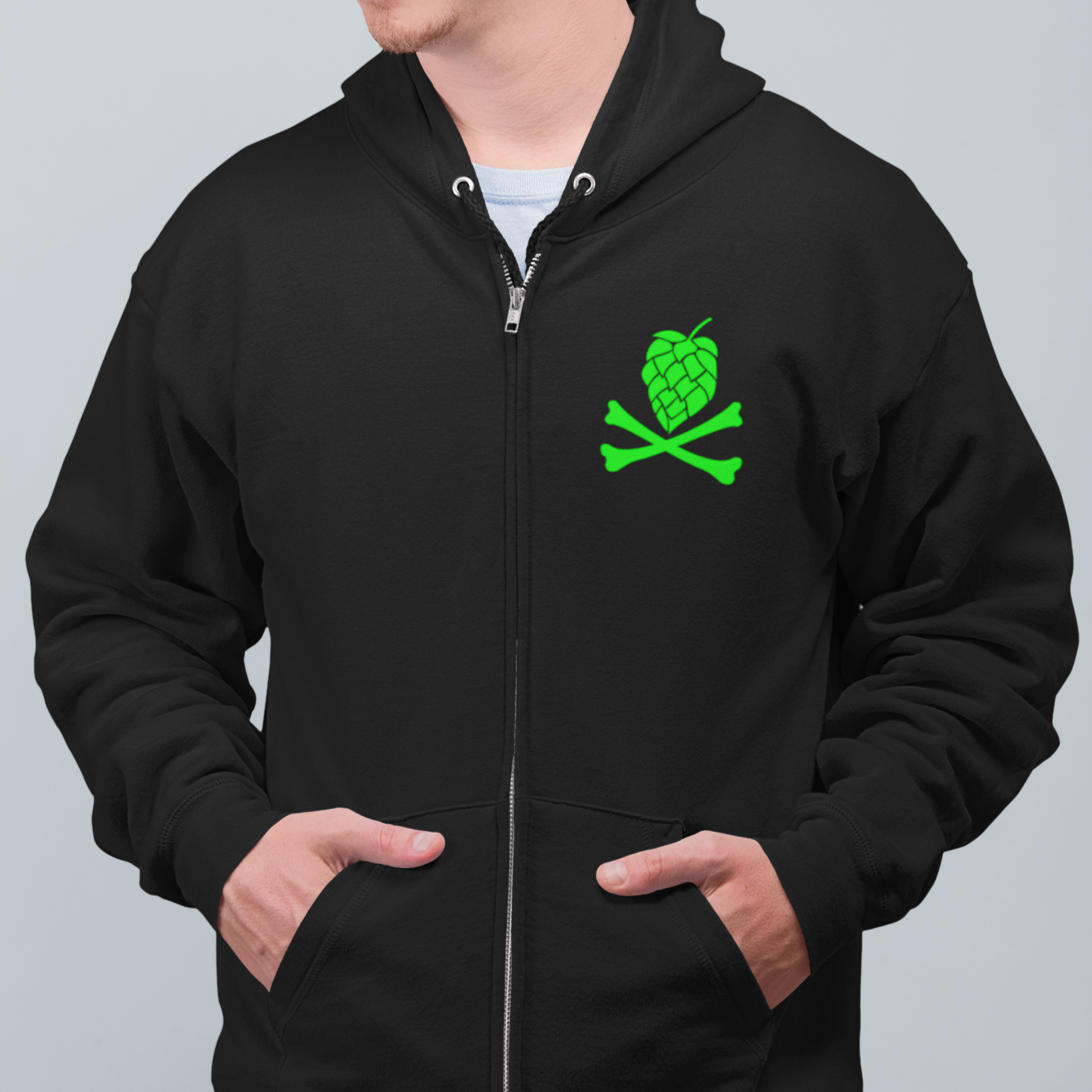 Craft beer hoodie with small front and large back hop skull graphic