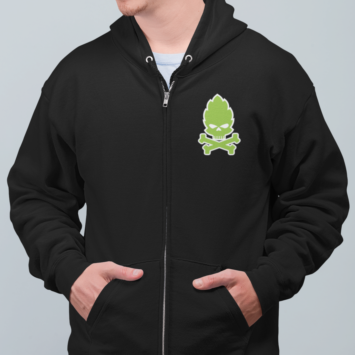 Unisex zip-up hoodie with vivid hop skull graphic on chest and back