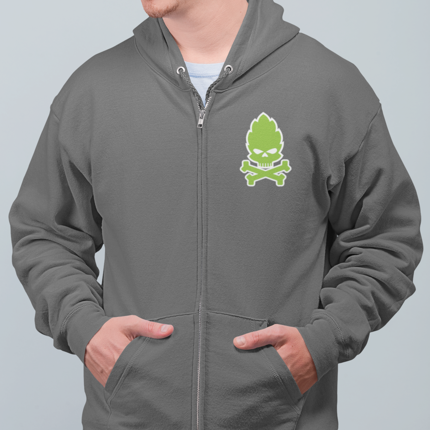 Craft beer zip hoodie in black or gray with skull and bones hops