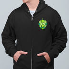 Black zip-up hoodie with small stained-glass hop cone on front breast