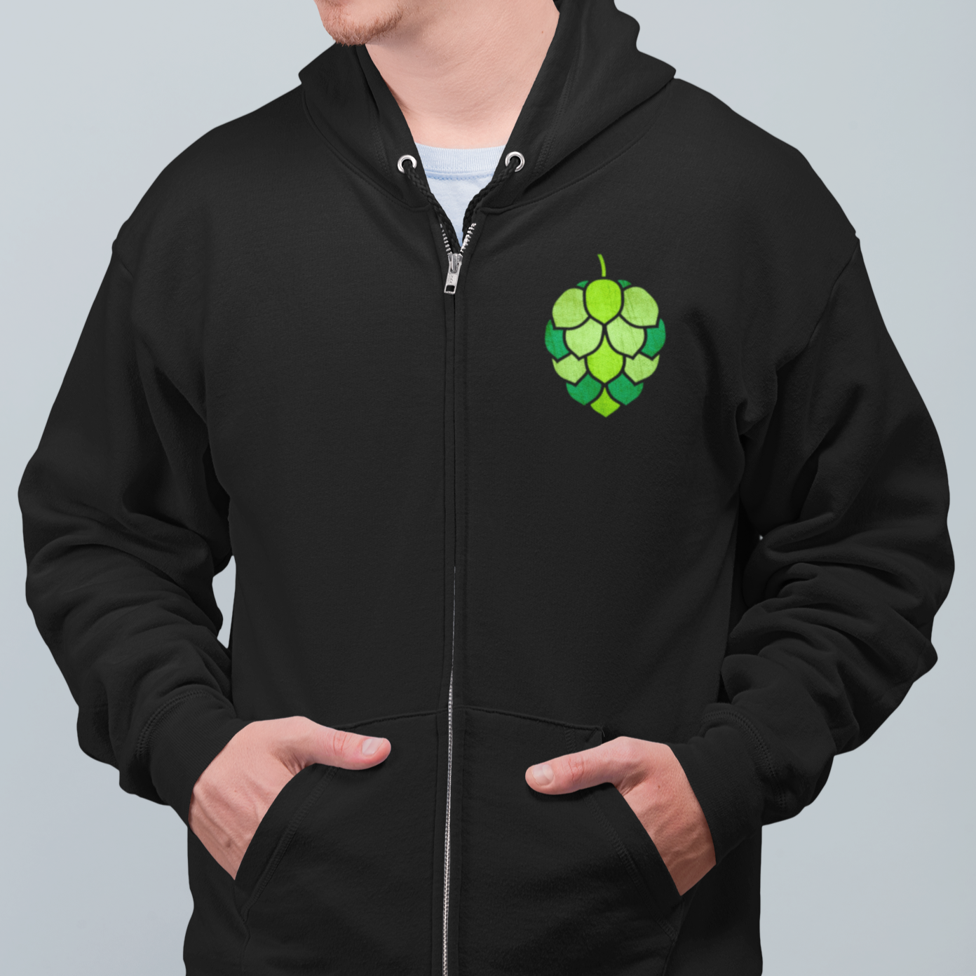 Black zip-up hoodie with small stained-glass hop cone on front breast