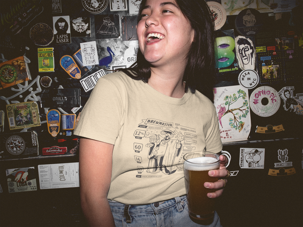 Ring-spun cotton tee with a detailed homebrewing character sheet design