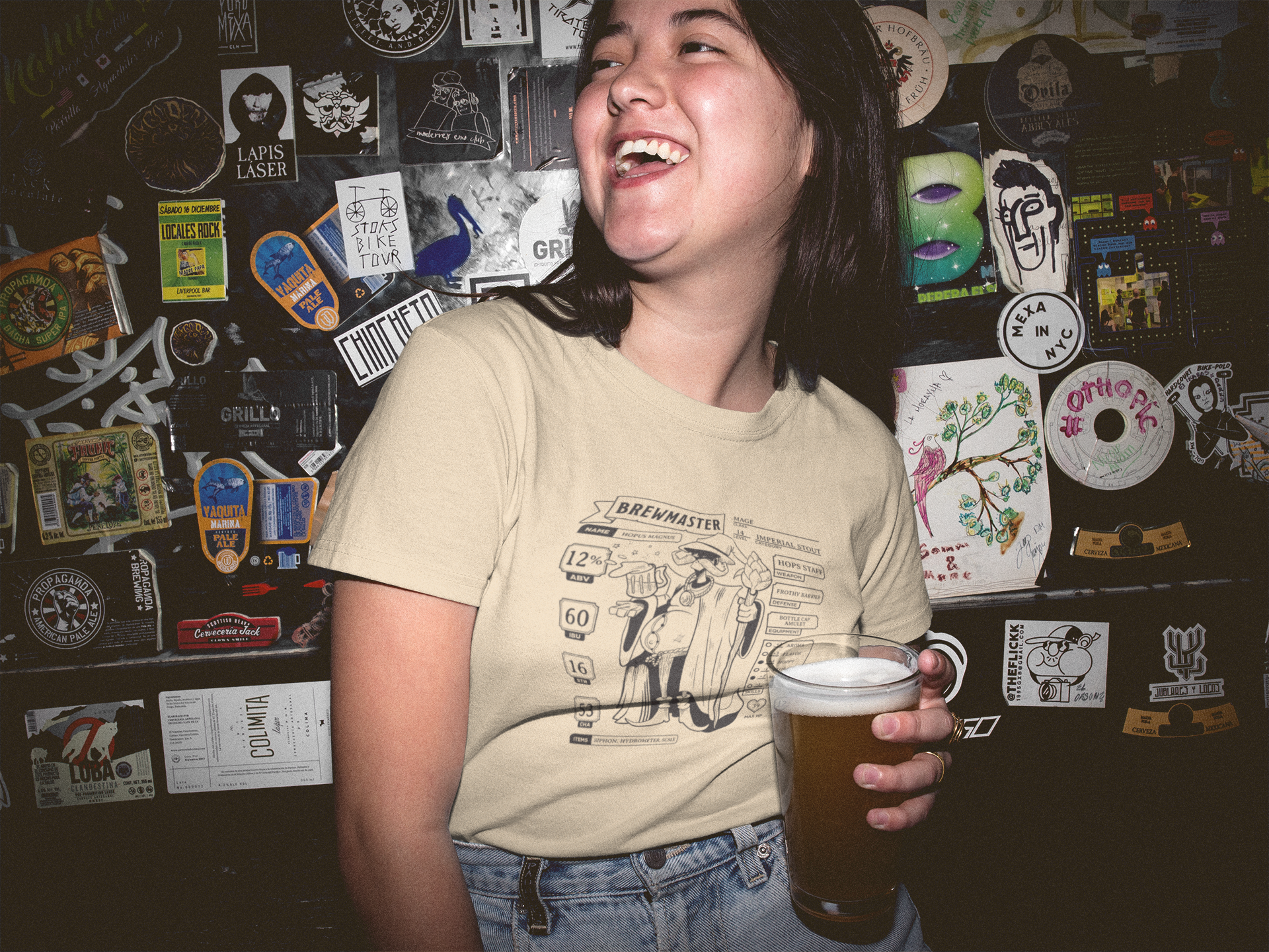 Ring-spun cotton tee with a detailed homebrewing character sheet design