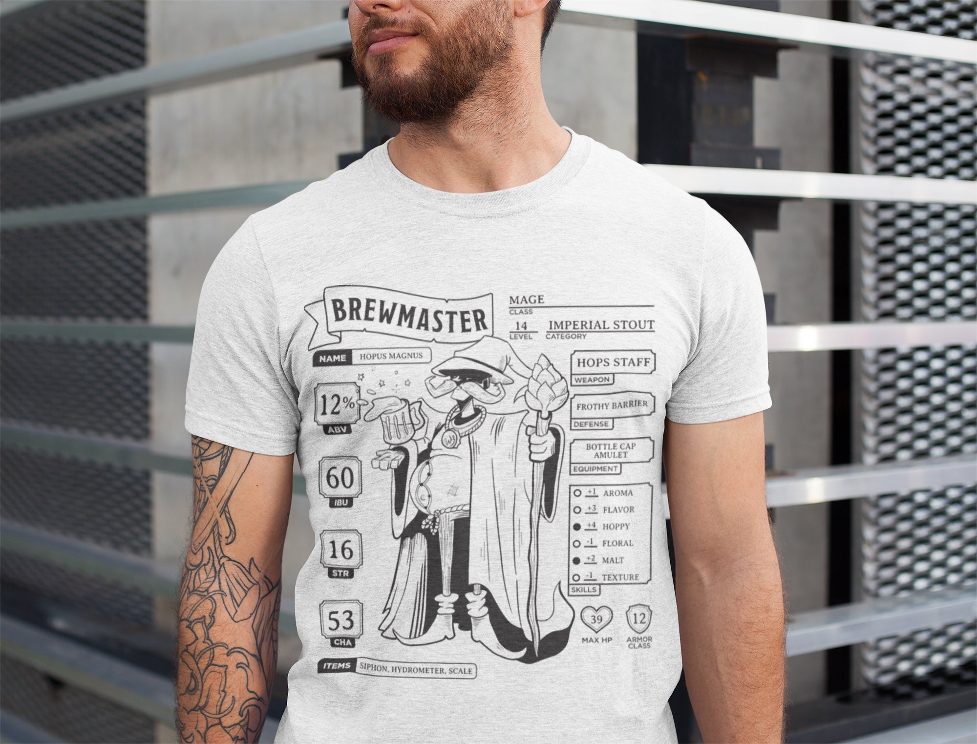 BrewSwag beer-themed tee featuring a parody RPG character stat sheet