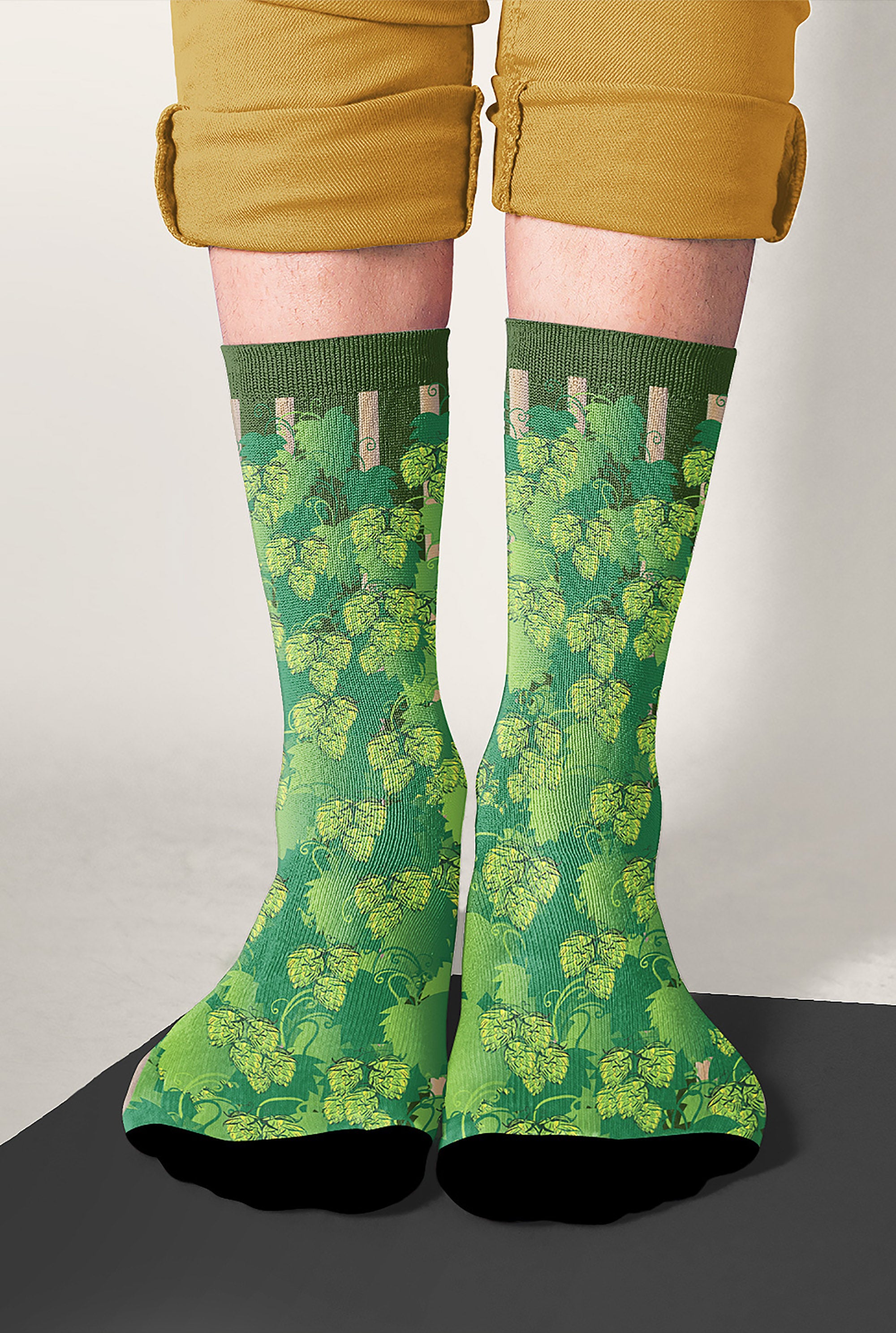 Craft beer socks covered in lush green hop vines