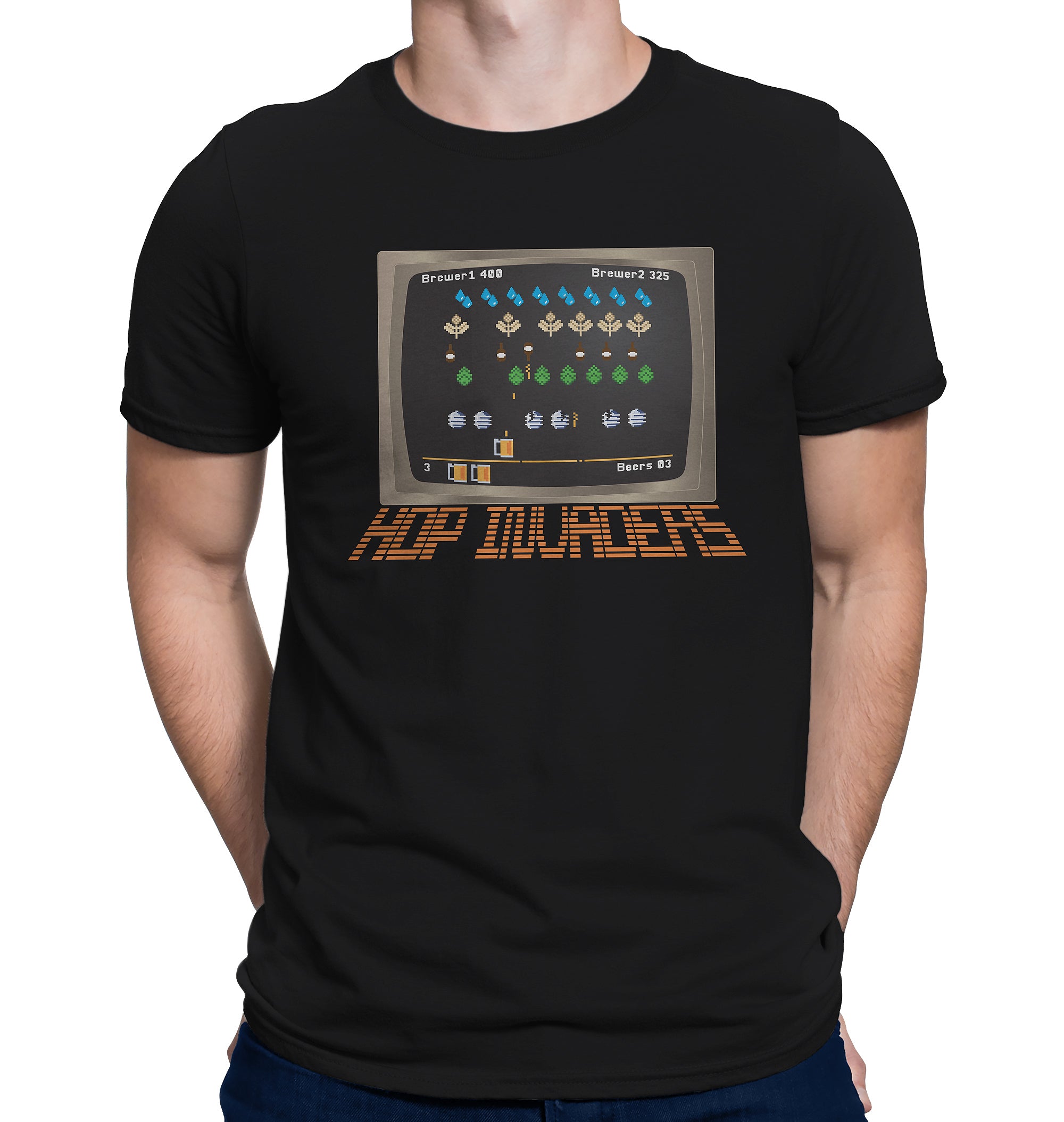 Hop Invaders t-shirt with Space Invaders–style hop cone graphics