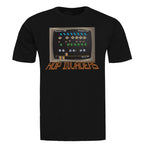Black arcade parody tee featuring pixel hops and beer shooter