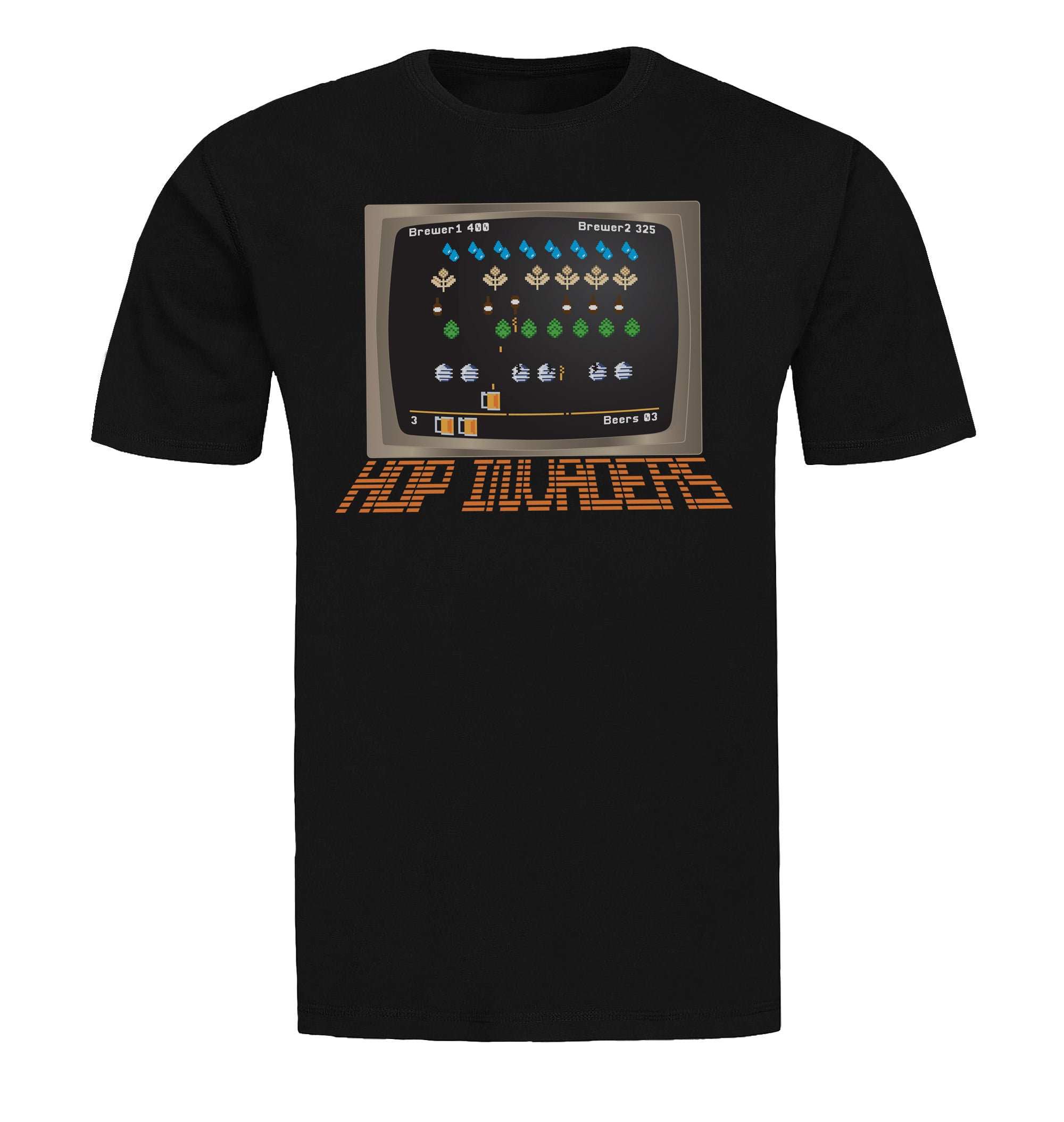 Black arcade parody tee featuring pixel hops and beer shooter