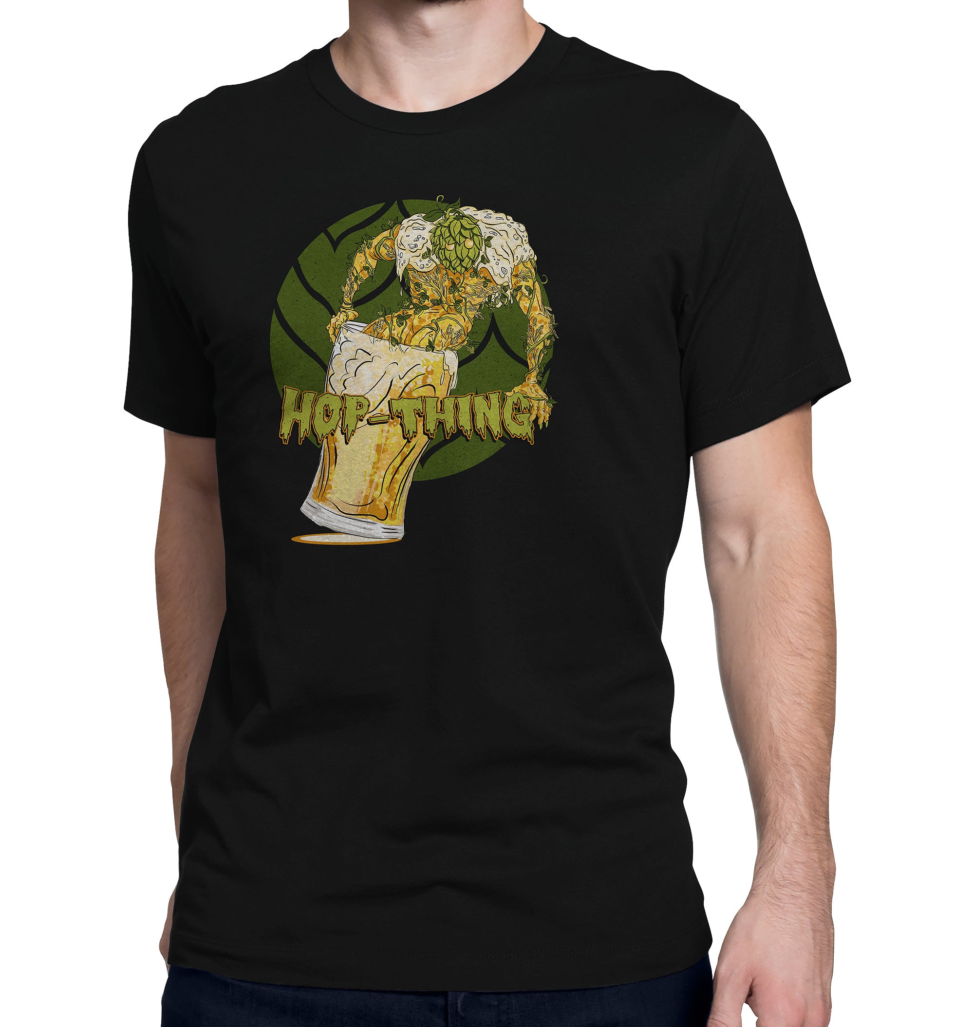Hop-Thing Beer T-Shirt featuring swamp monster hop crawling out of a glass