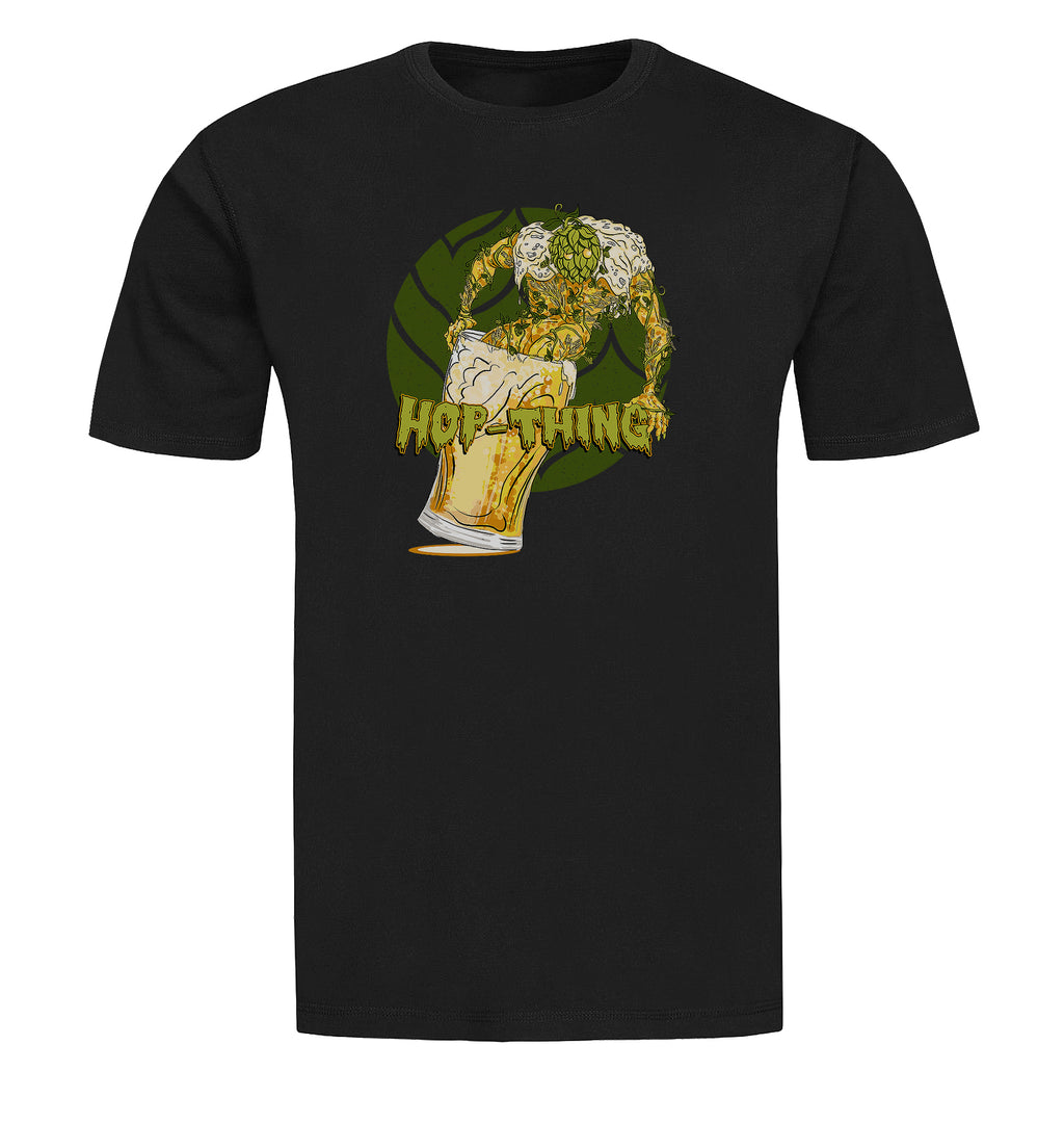 Unisex craft beer shirt with swampy hop creature crawling out of pint