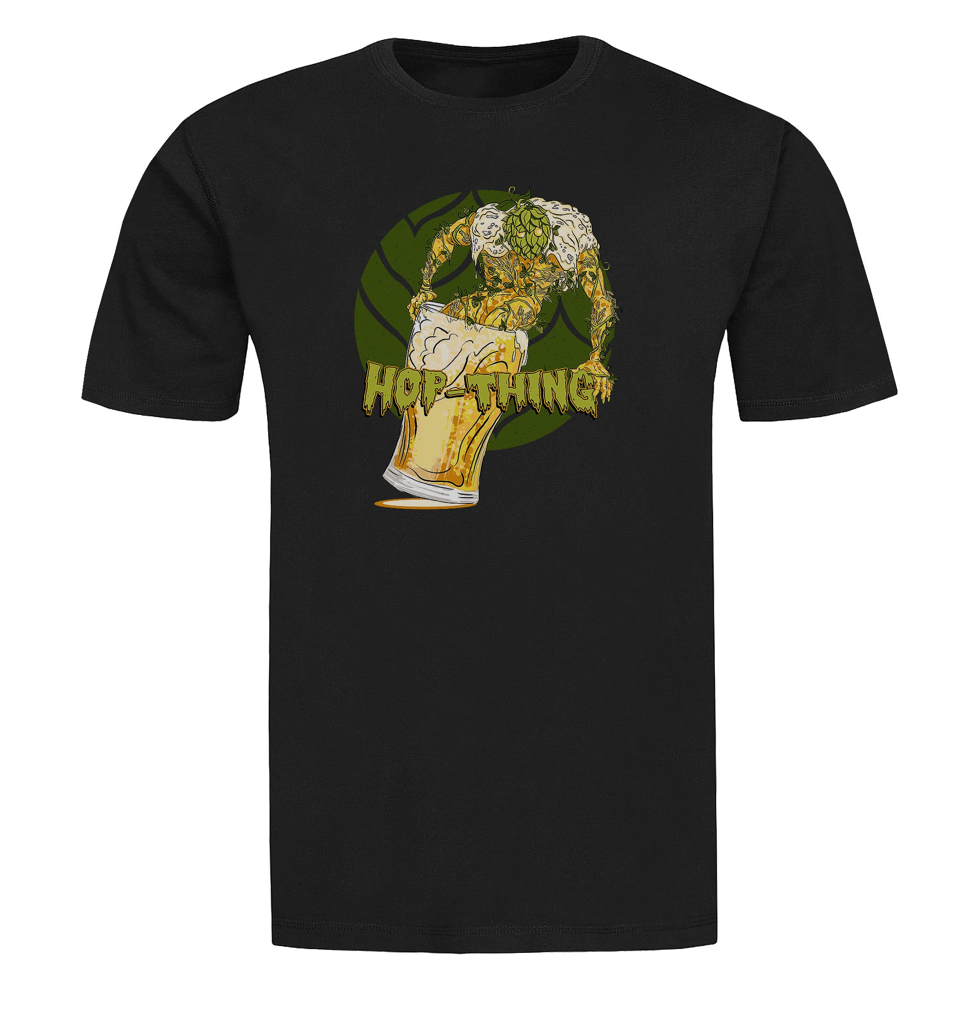 Unisex craft beer shirt with swampy hop creature crawling out of pint