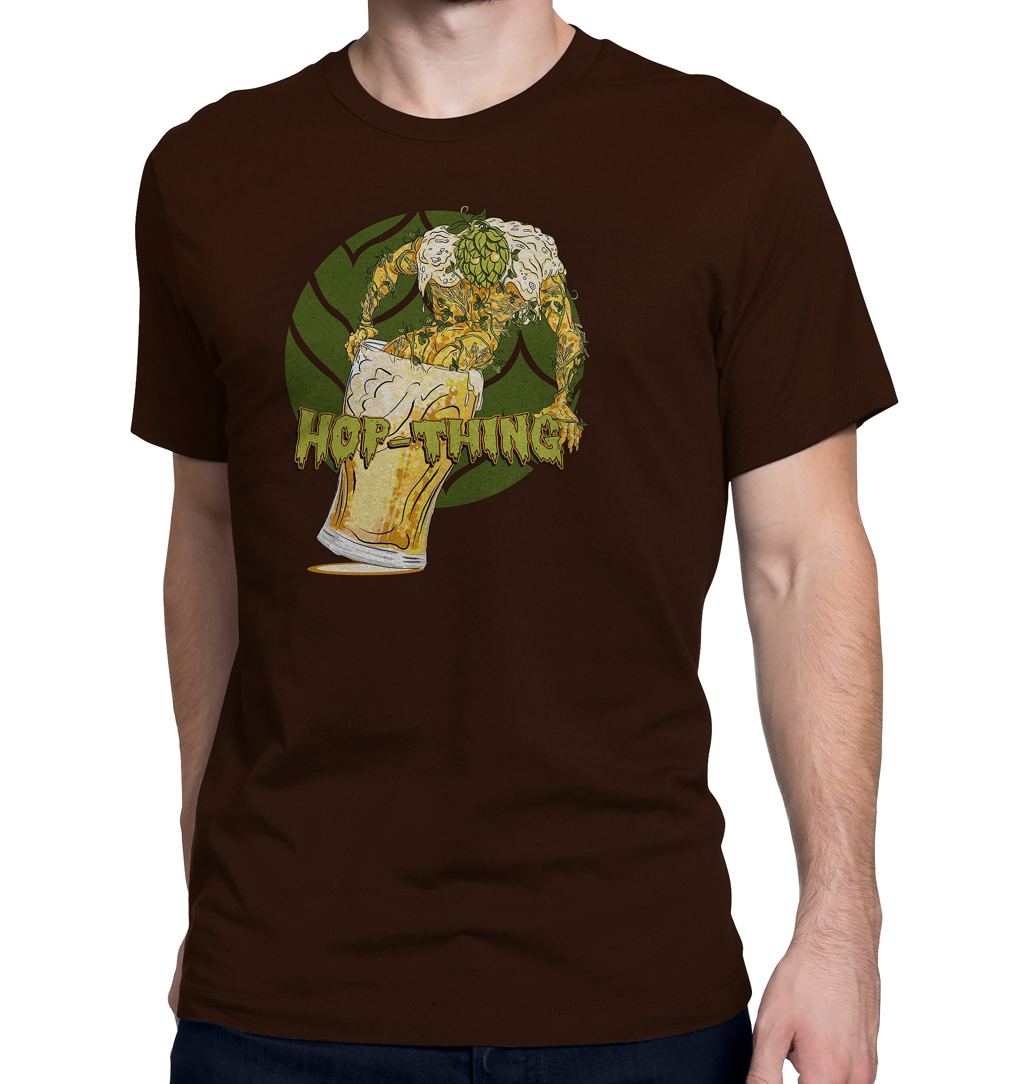 Brown t-shirt with Hop-Thing creature emerging from beer pint graphic