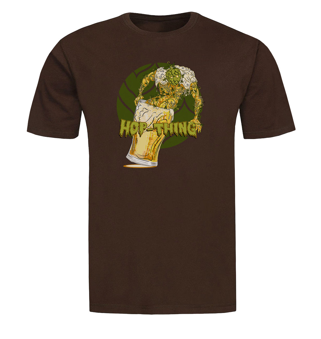 Chocolate brown tee showing Hop-Thing rising from a beer glass