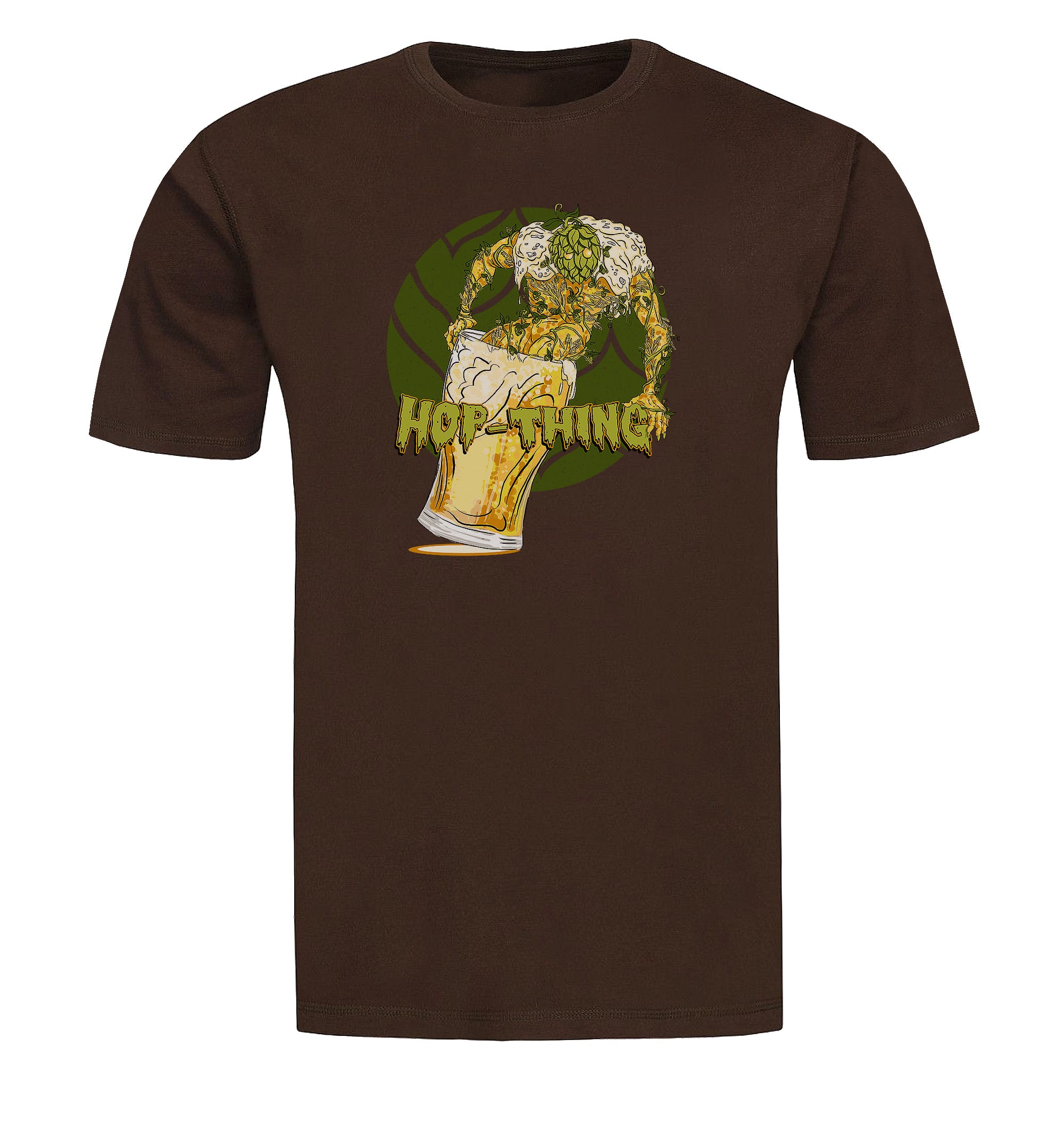 Chocolate brown tee showing Hop-Thing rising from a beer glass