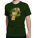 Hunter green shirt with mossy hop monster and frothy beer design