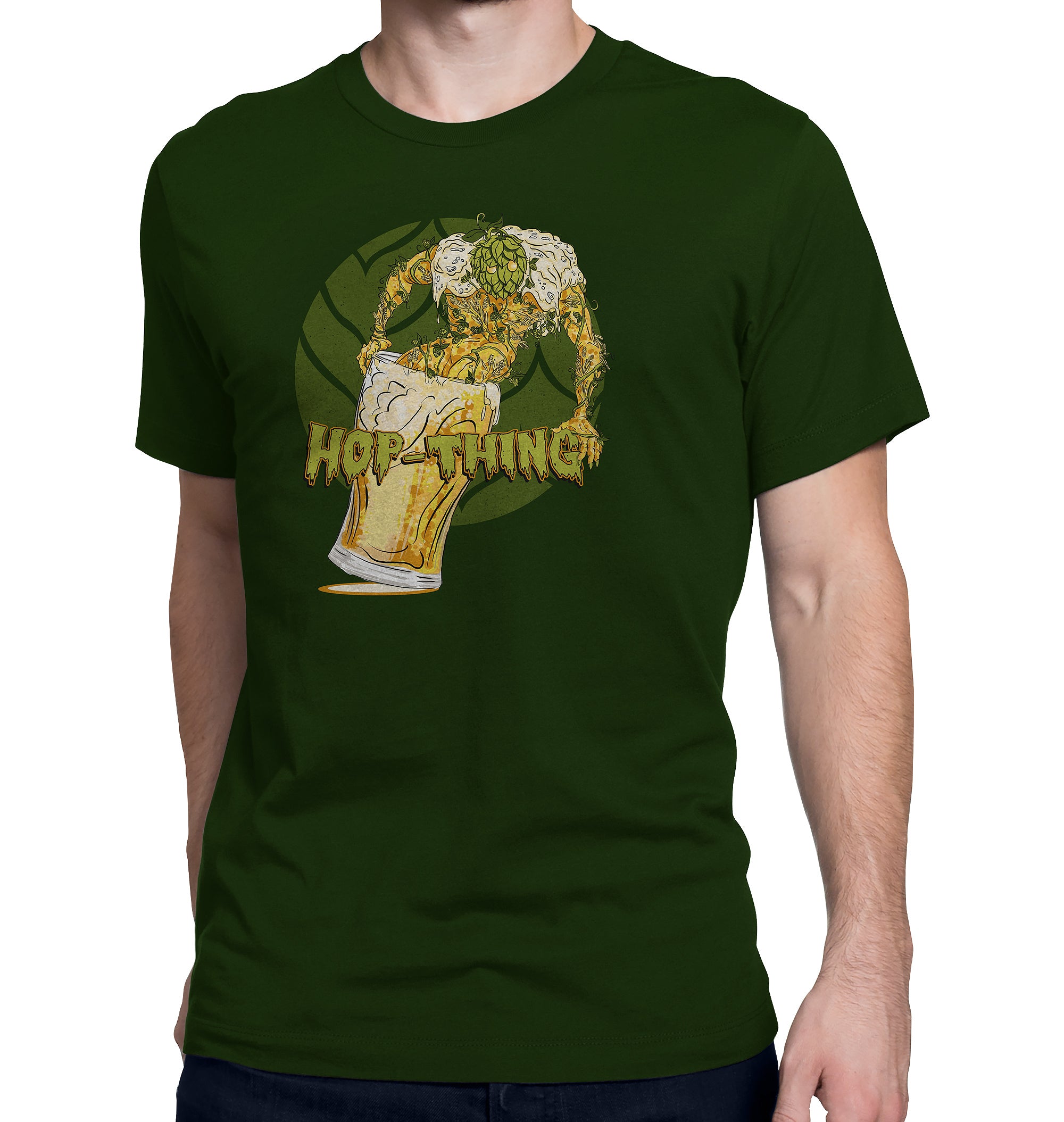 Hunter green shirt with mossy hop monster and frothy beer design