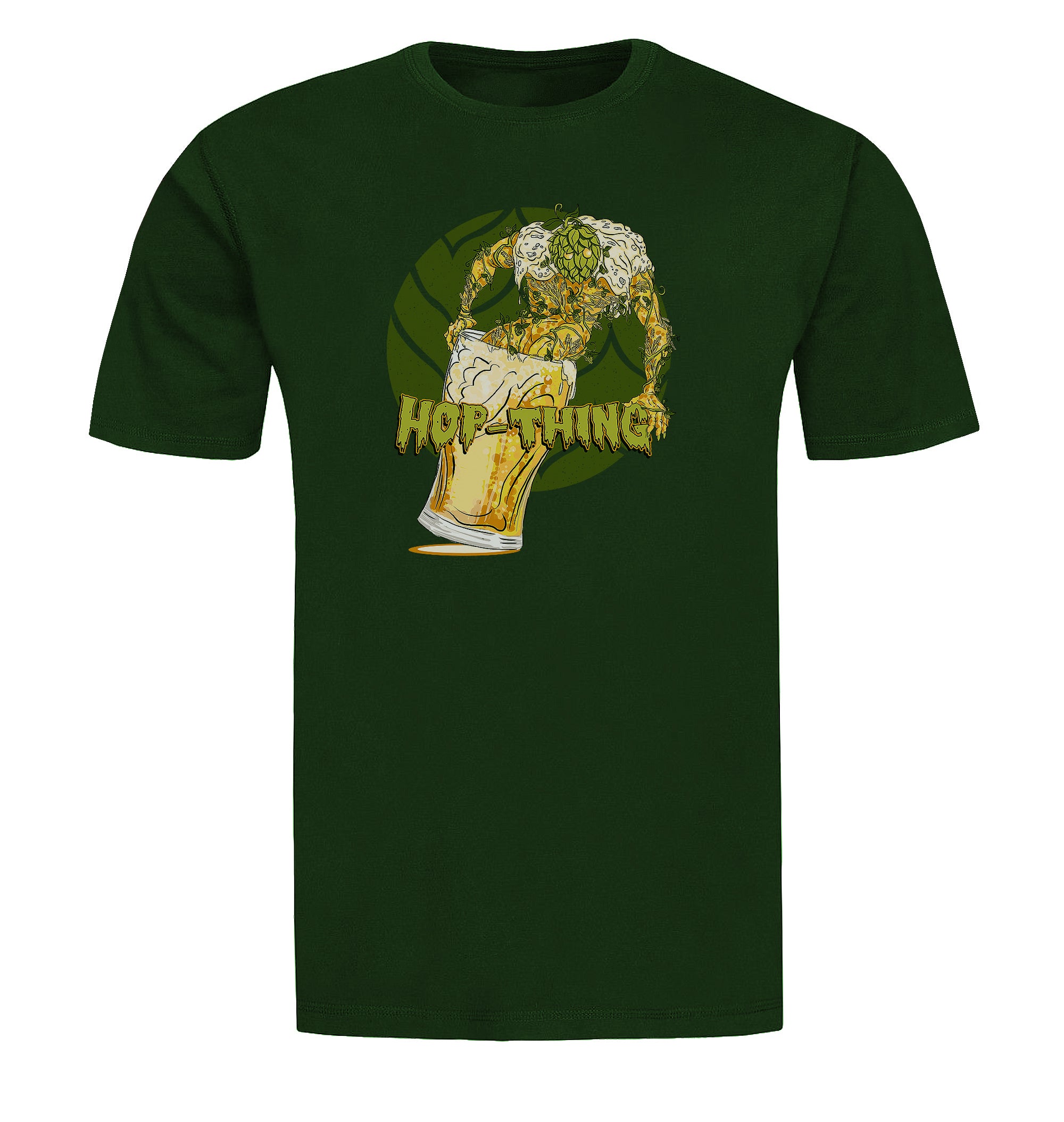 Hop-Thing horror parody t-shirt combining hop cone and swamp creature