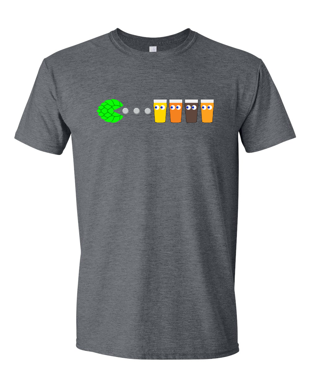 Grey t-shirt with colorful video game-inspired beer design