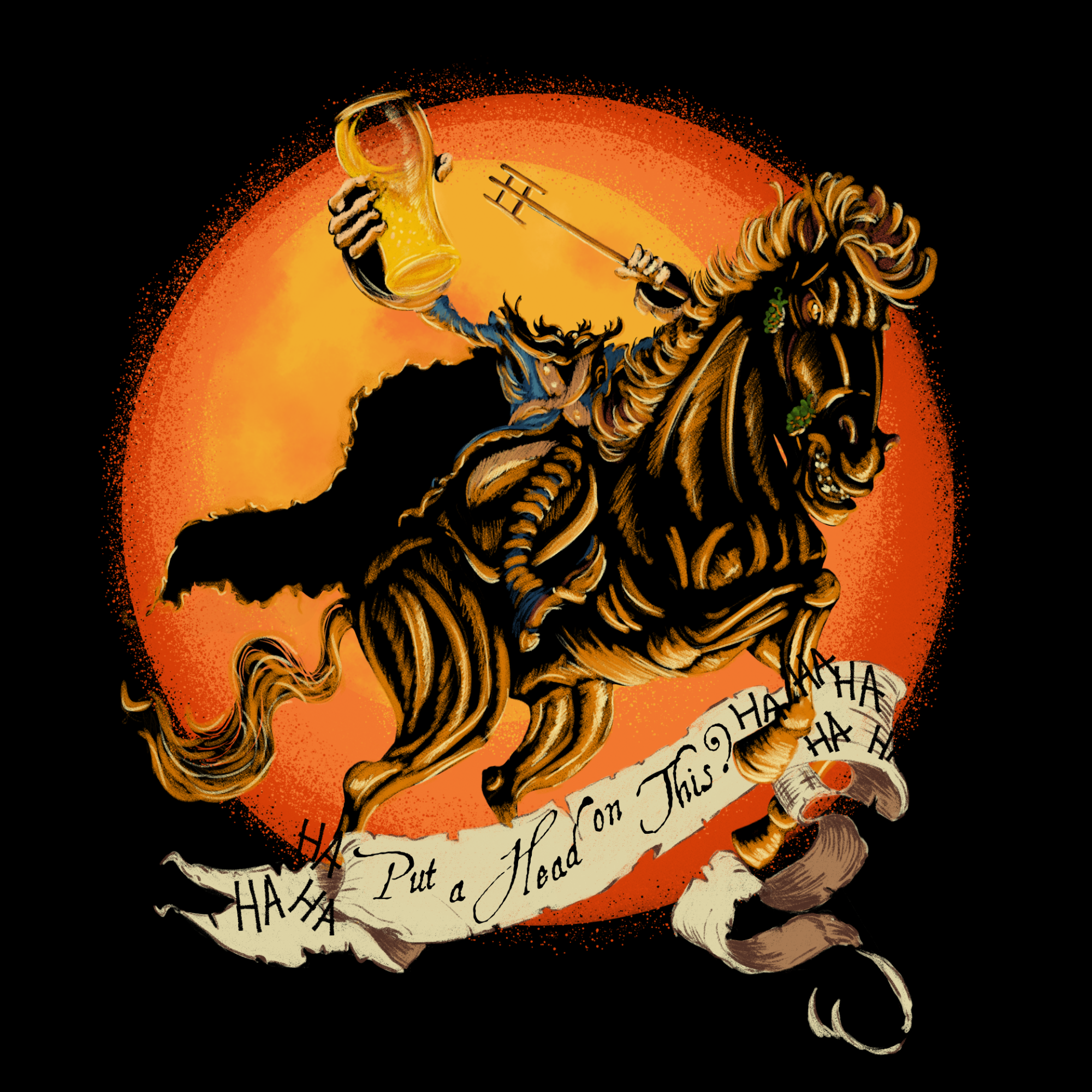 Halloween beer tee featuring headless rider holding a hop pint and ‘Put a Head on This’ banner