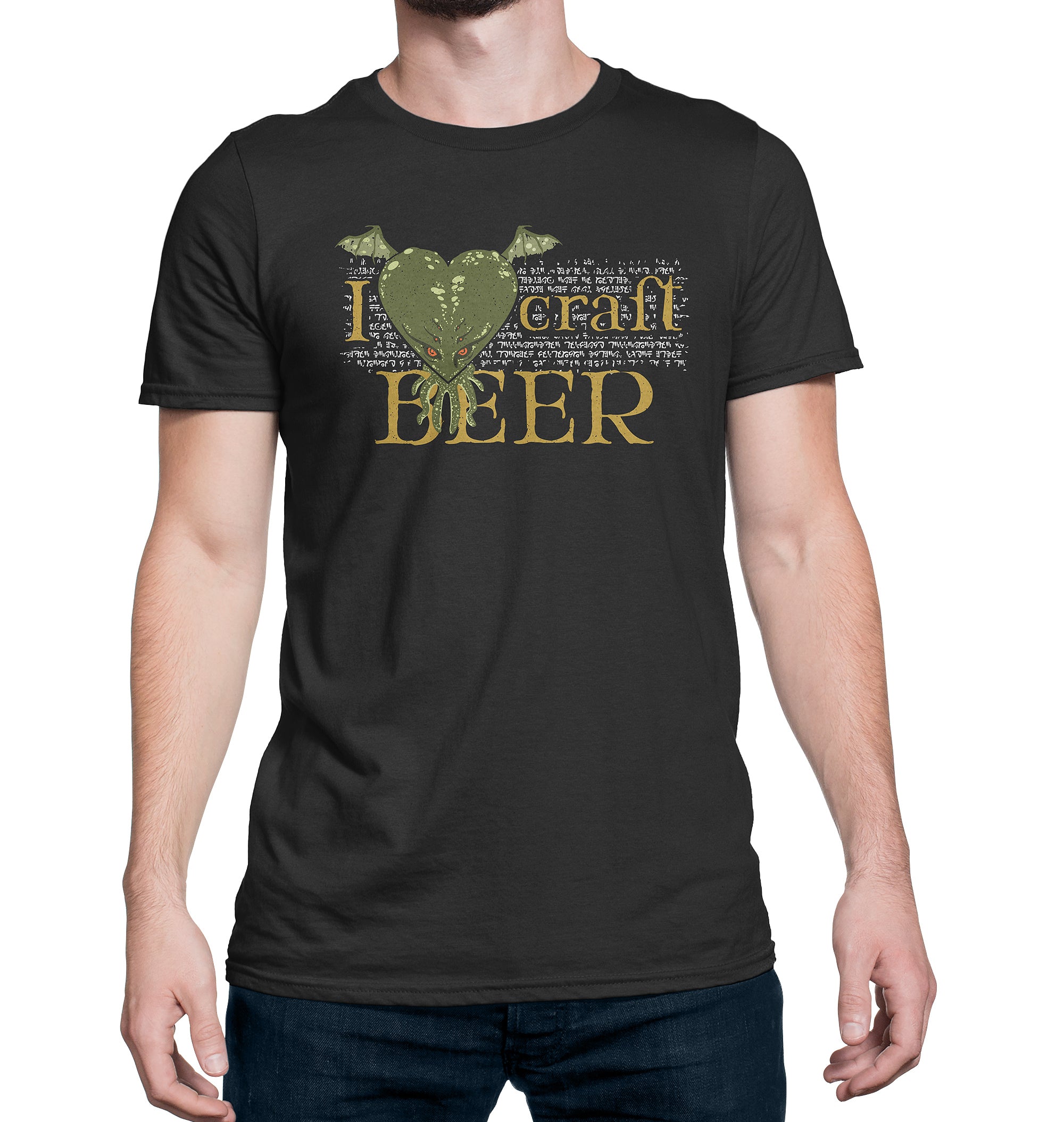 Black t-shirt with I LoveCRAFT script and block text