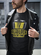 Front view of beer-liver humor design on black t-shirt