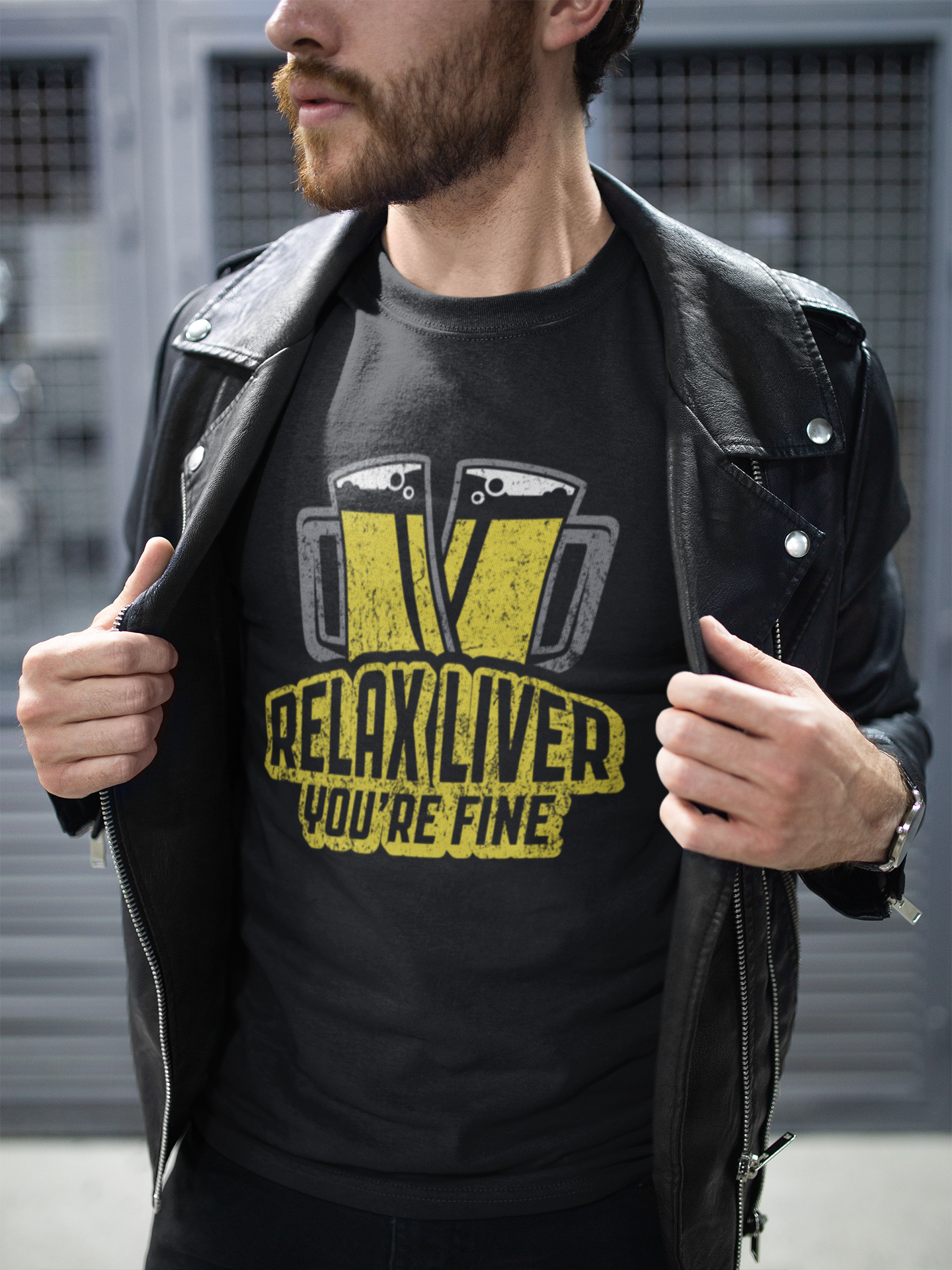 Front view of beer-liver humor design on black t-shirt